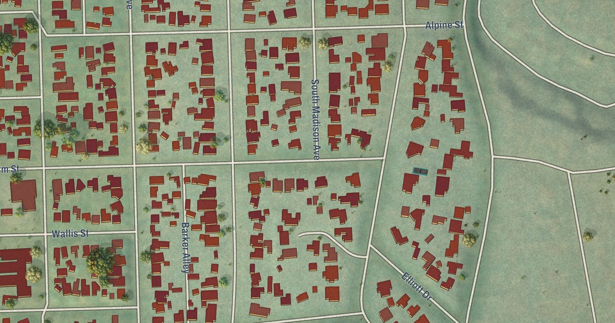 Close-up of streets and buildings in Madison Heights, California