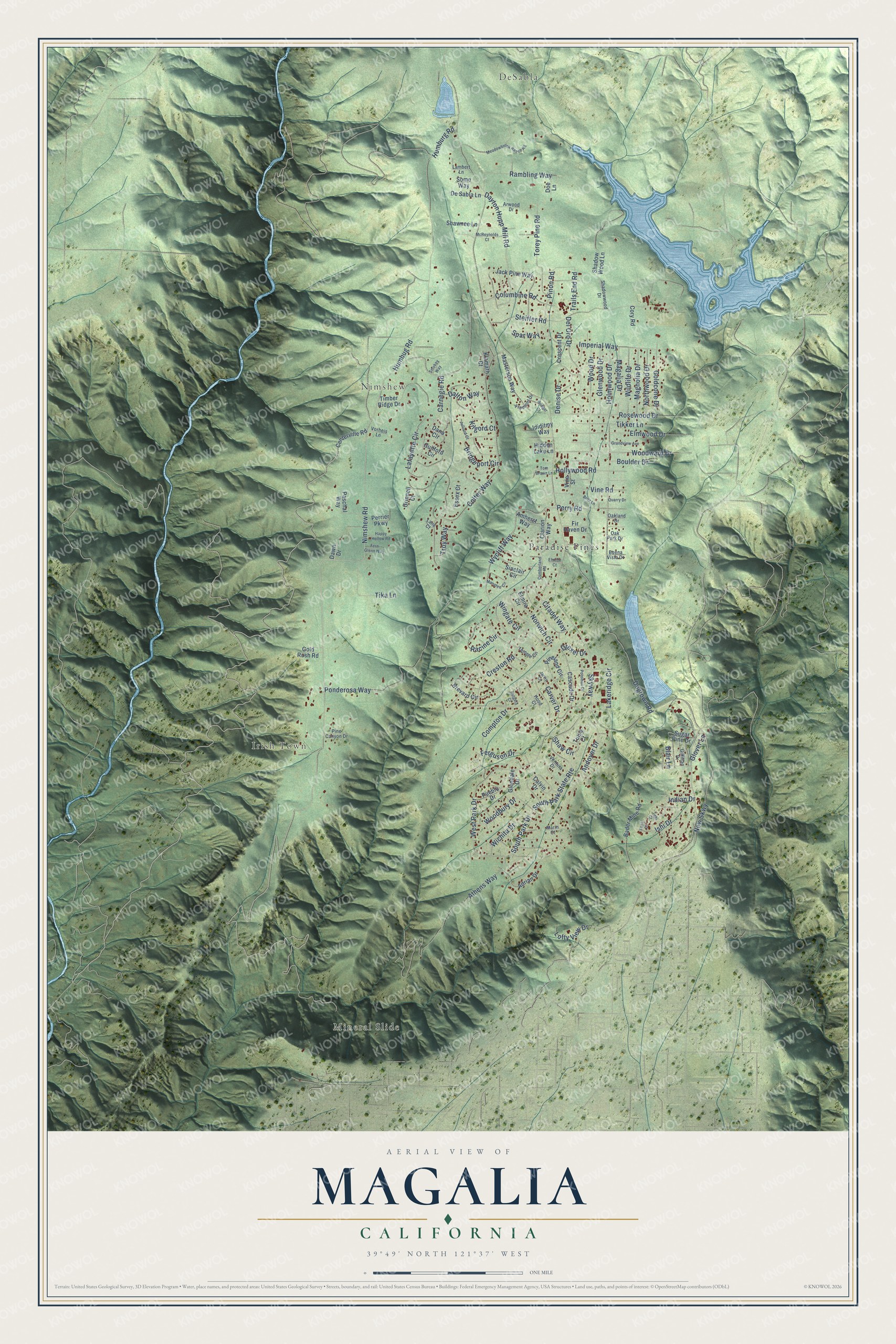Full map of Magalia, California, with red buildings, printed street names and the land around them