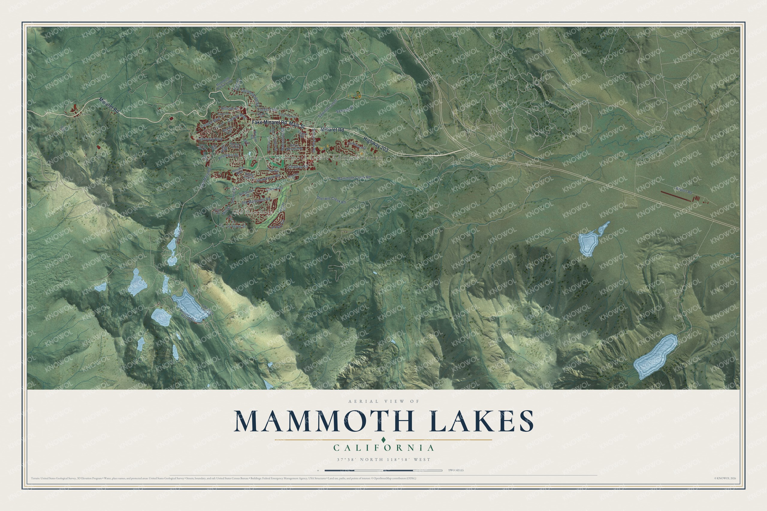 Full map of Mammoth Lakes, California, with red buildings, printed street names and the land around them