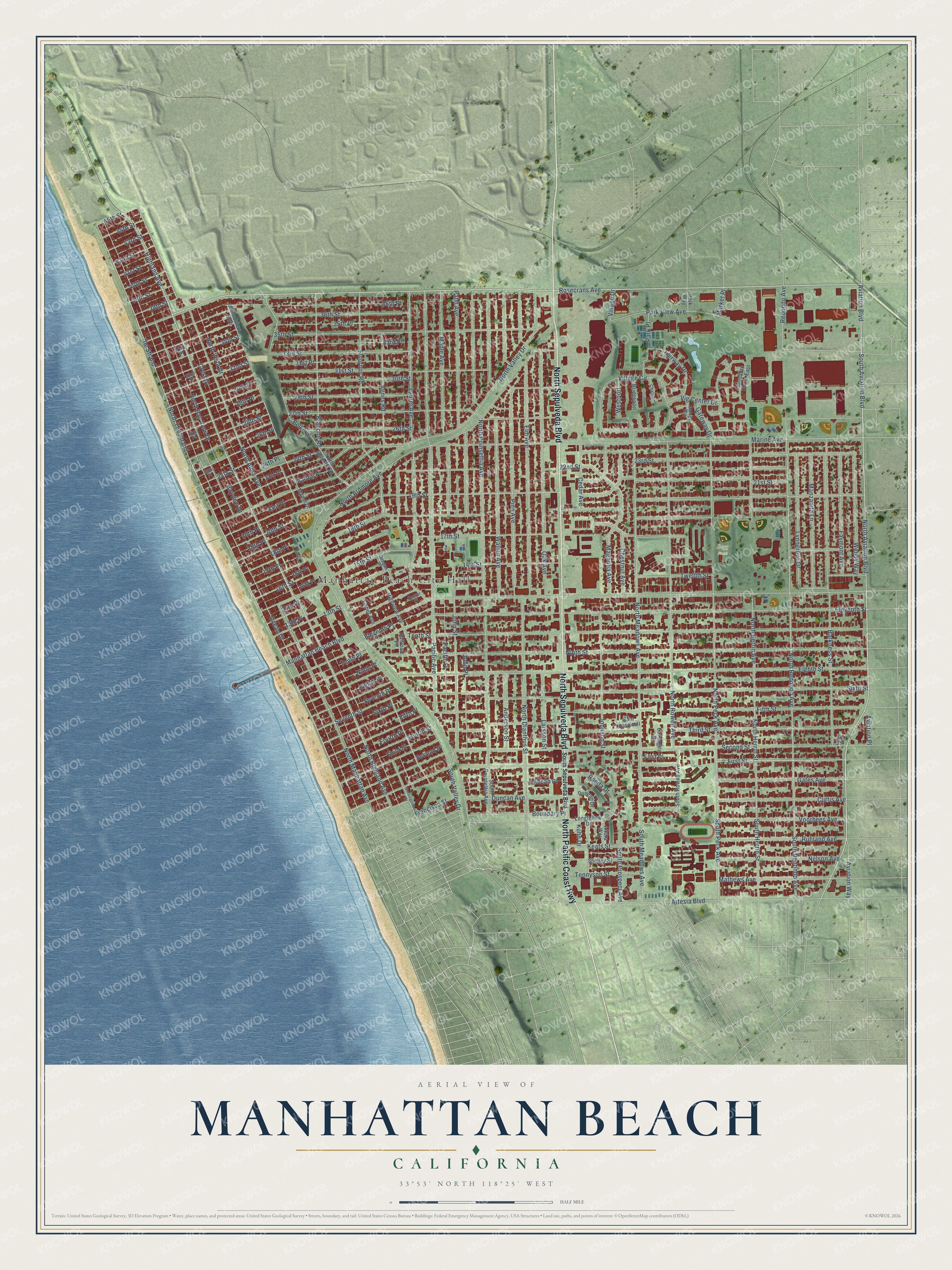 Full map of Manhattan Beach, California, with red buildings, printed street names and the land around them