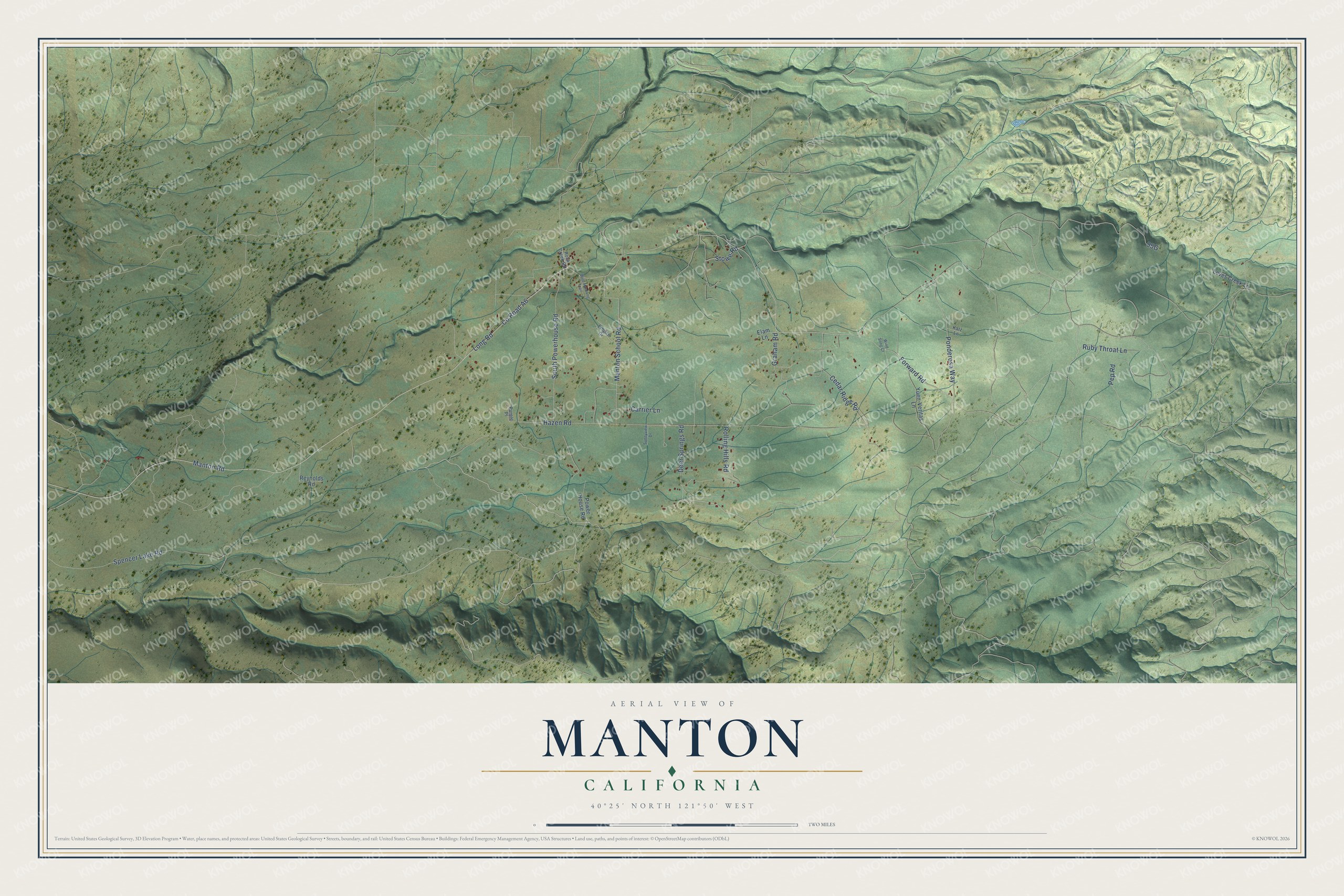 Full map of Manton, California, with red buildings, printed street names and the land around them
