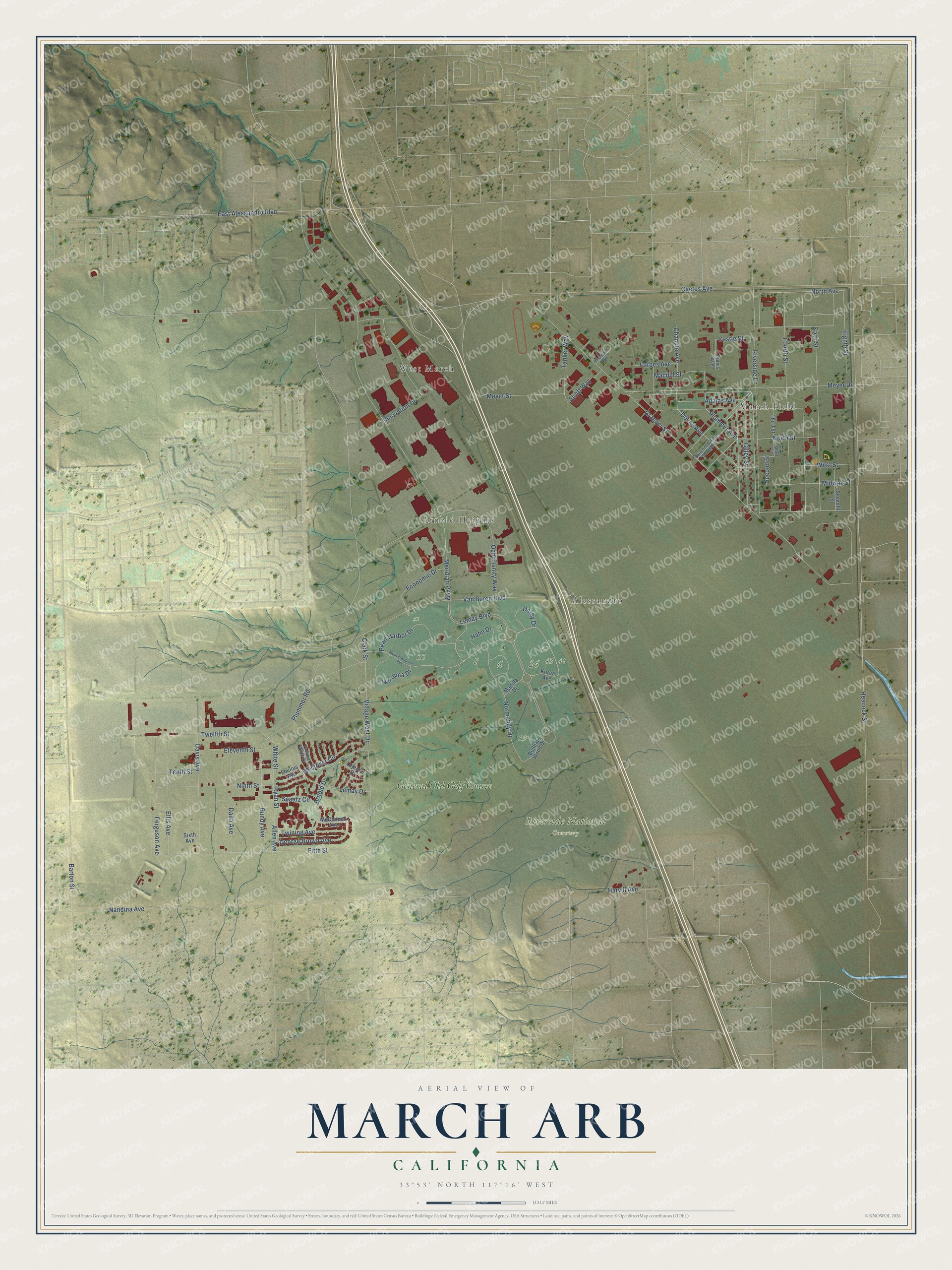 Full map of March ARB, California, with red buildings, printed street names and the land around them