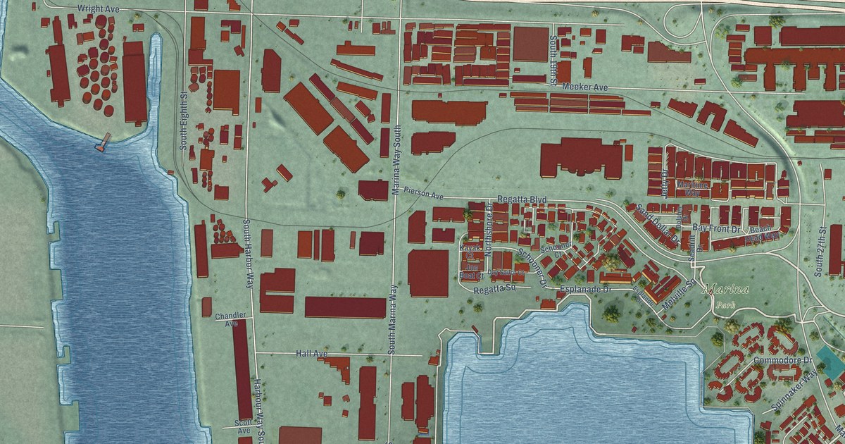 Close-up of streets and buildings in Marina Bay, California