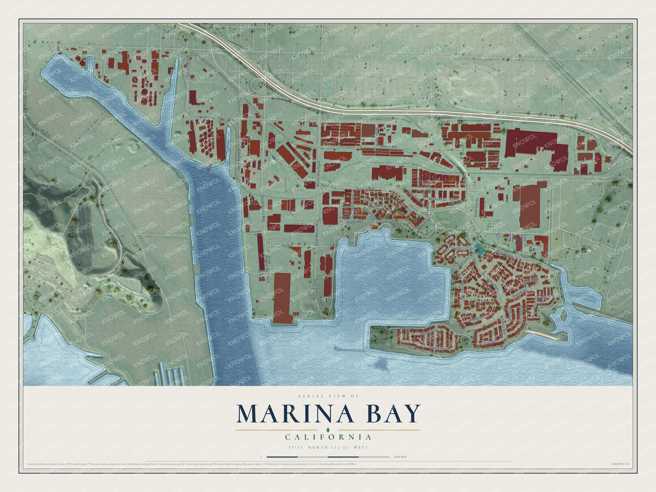 Full map of Marina Bay, California, with red buildings, printed street names and the land around them