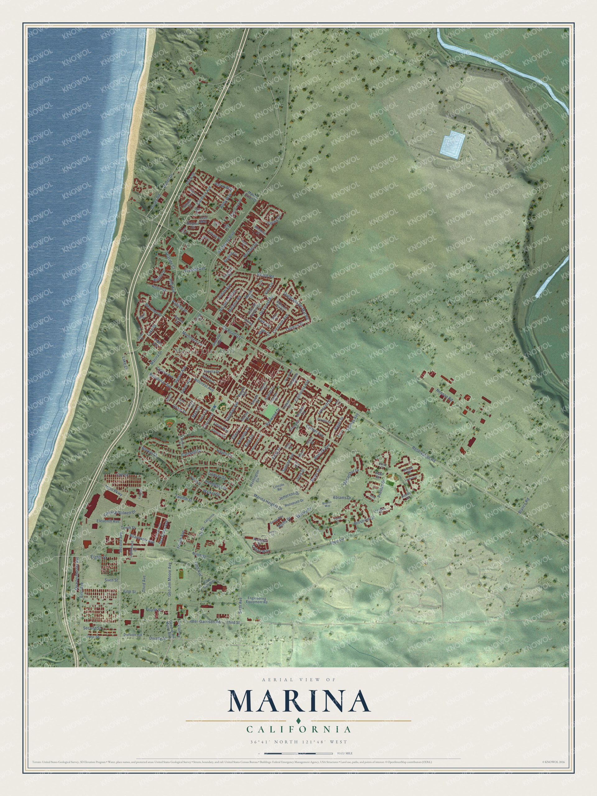 Full map of Marina, California, with red buildings, printed street names and the land around them