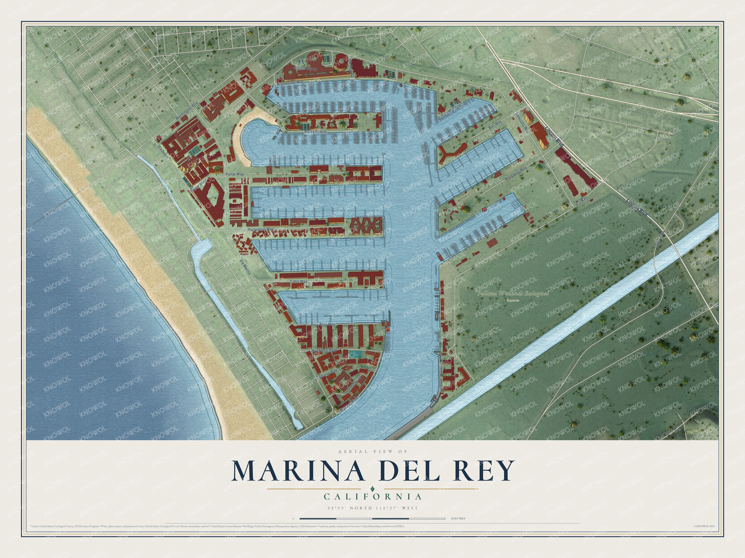 Full map of Marina del Rey, California, with red buildings, printed street names and the land around them