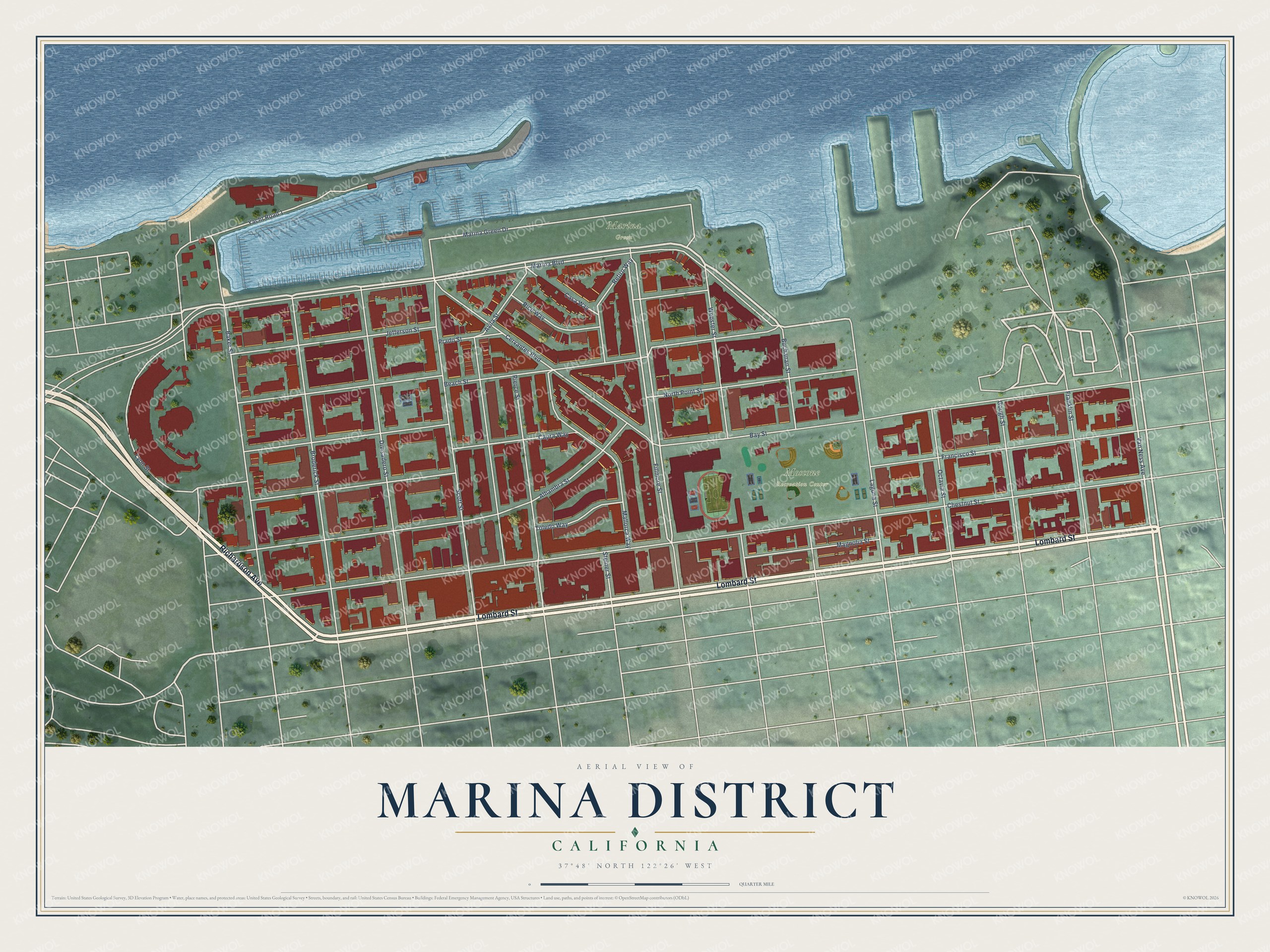 Full map of Marina District, California, with red buildings, printed street names and the land around them