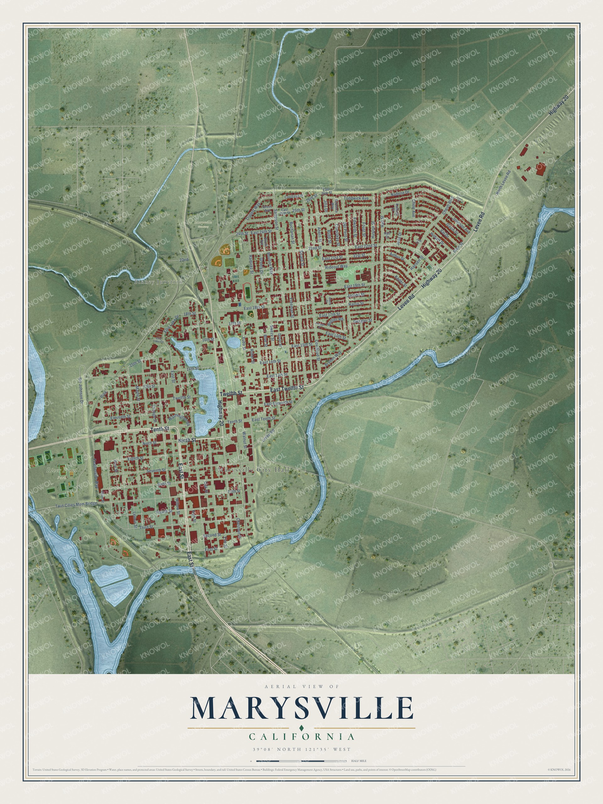 Full map of Marysville, California, with red buildings, printed street names and the land around them