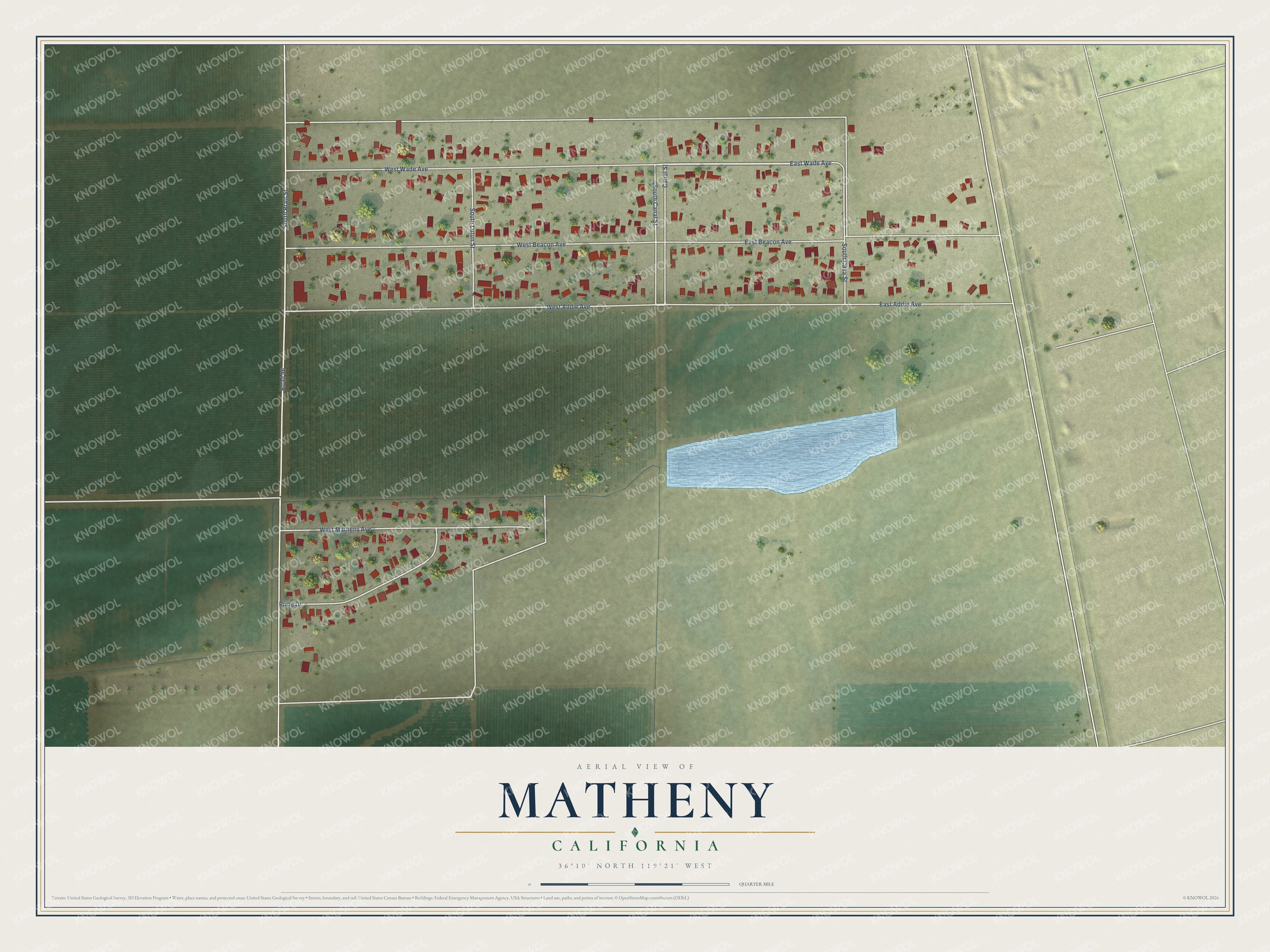 Full map of Matheny, California, with red buildings, printed street names and the land around them