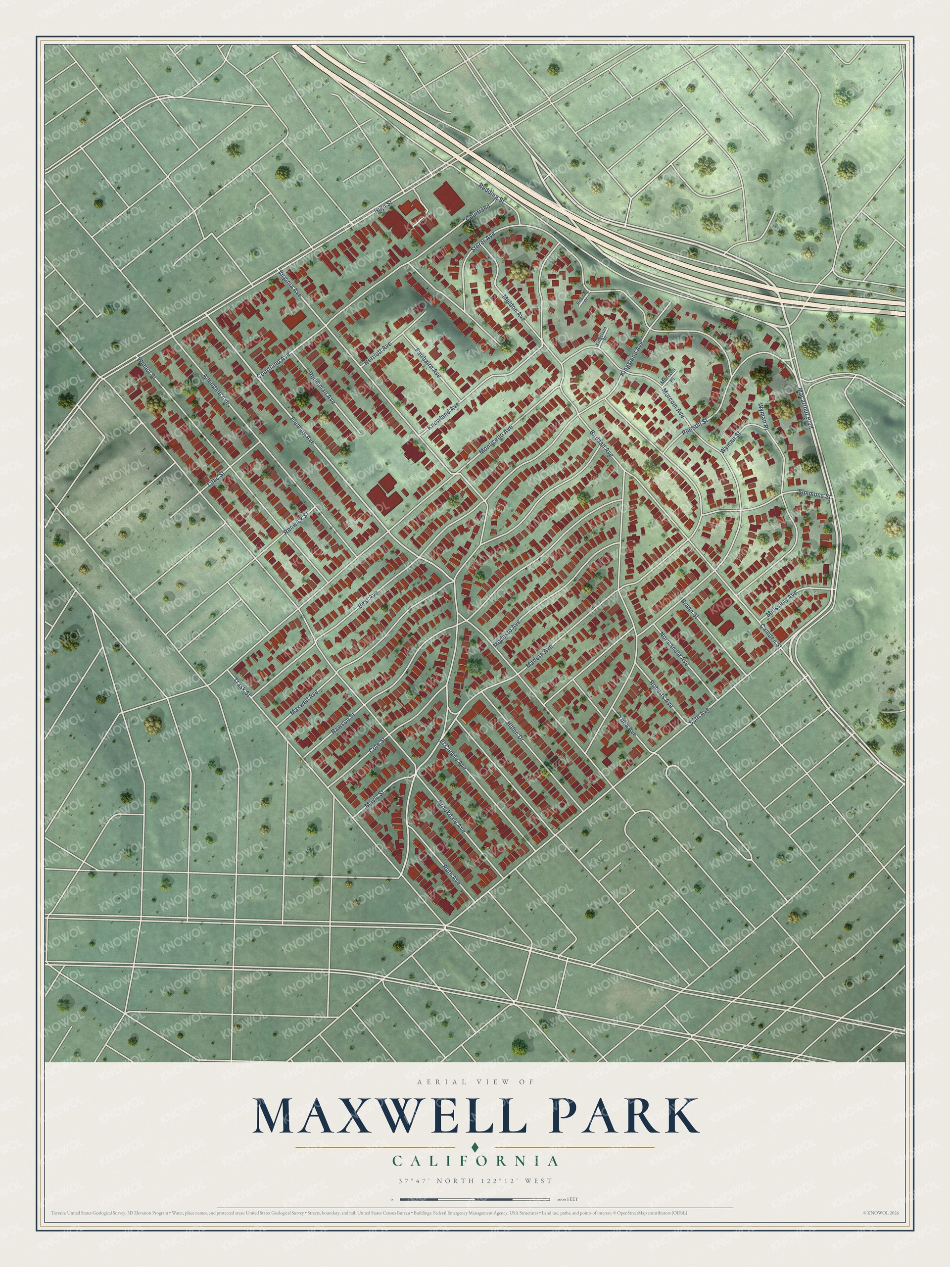 Full map of Maxwell Park, California, with red buildings, printed street names and the land around them