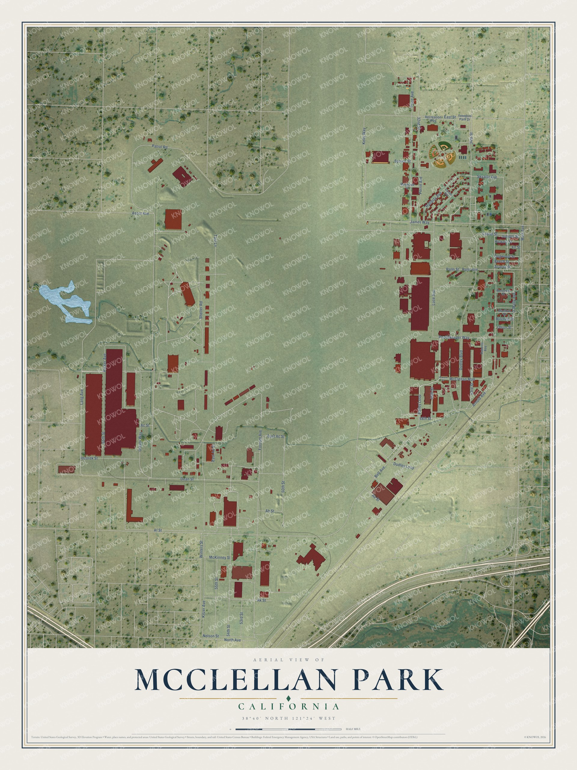 Full map of McClellan Park, California, with red buildings, printed street names and the land around them