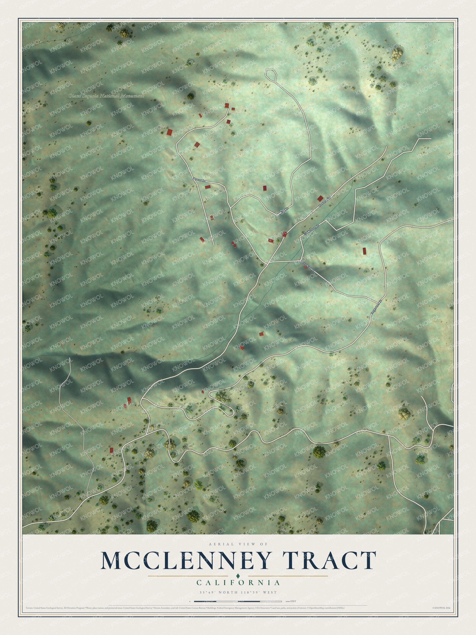 Full map of McClenney Tract, California, with red buildings, printed street names and the land around them