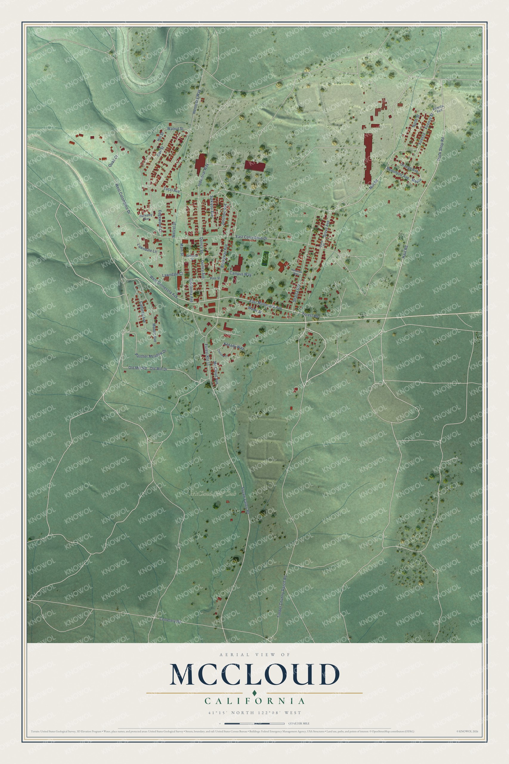 Full map of McCloud, California, with red buildings, printed street names and the land around them