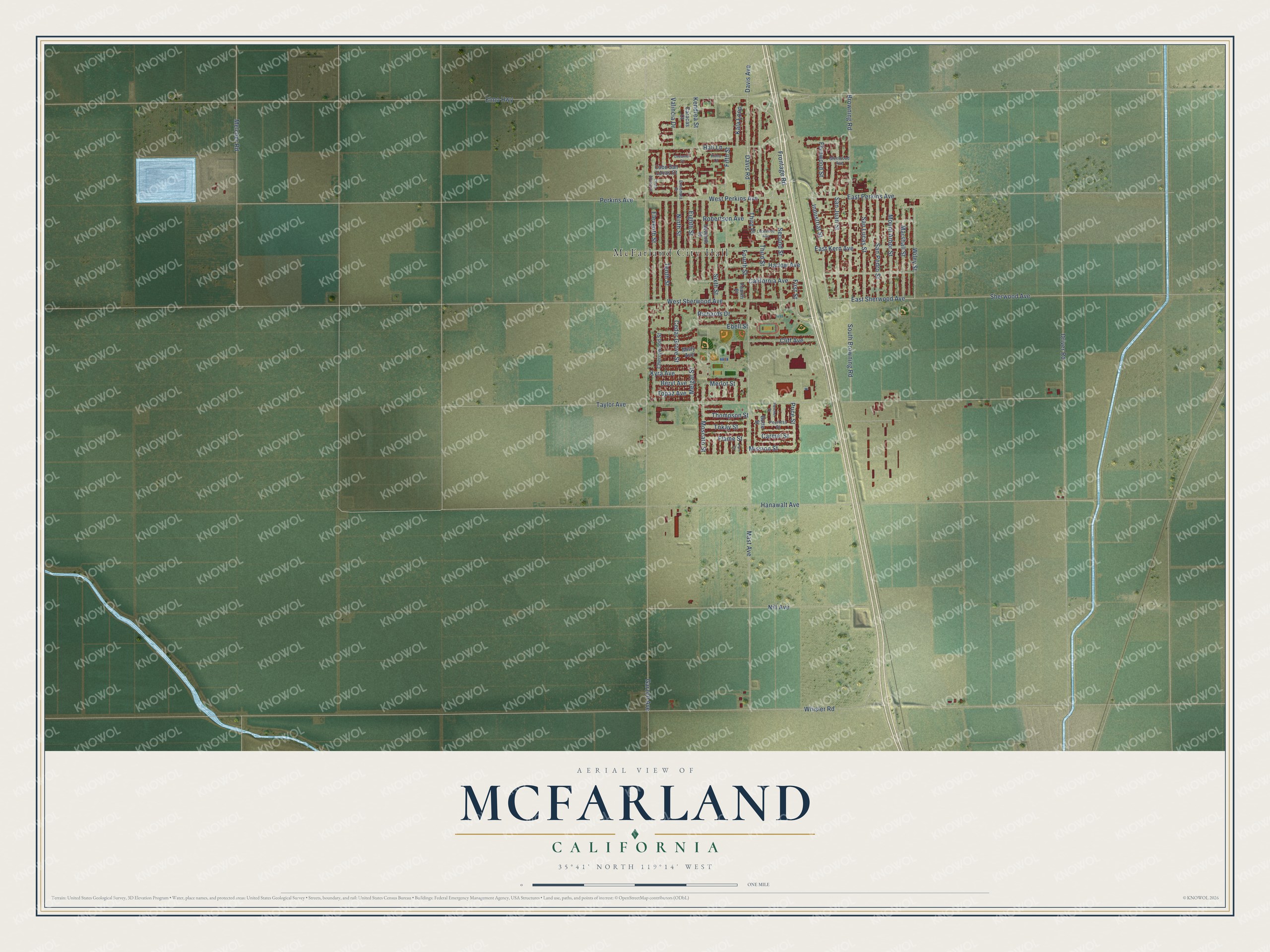 Full map of McFarland, California, with red buildings, printed street names and the land around them
