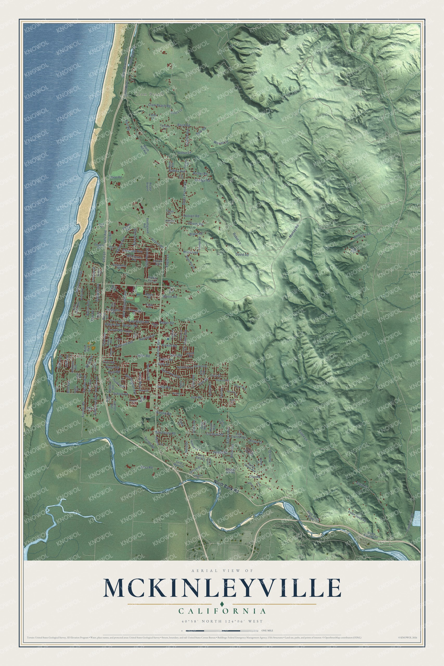 Full map of McKinleyville, California, with red buildings, printed street names and the land around them