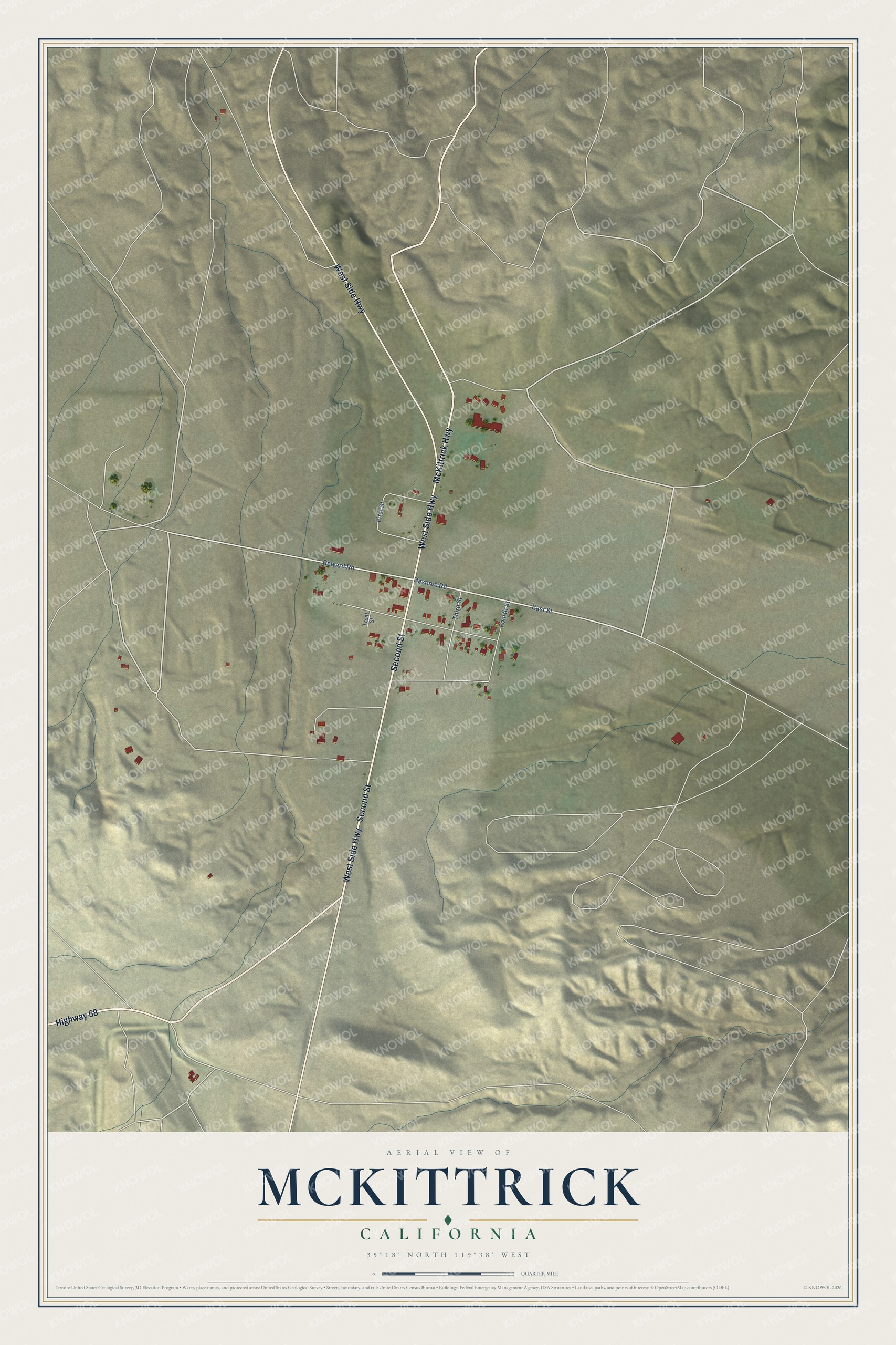 Full map of McKittrick, California, with red buildings, printed street names and the land around them