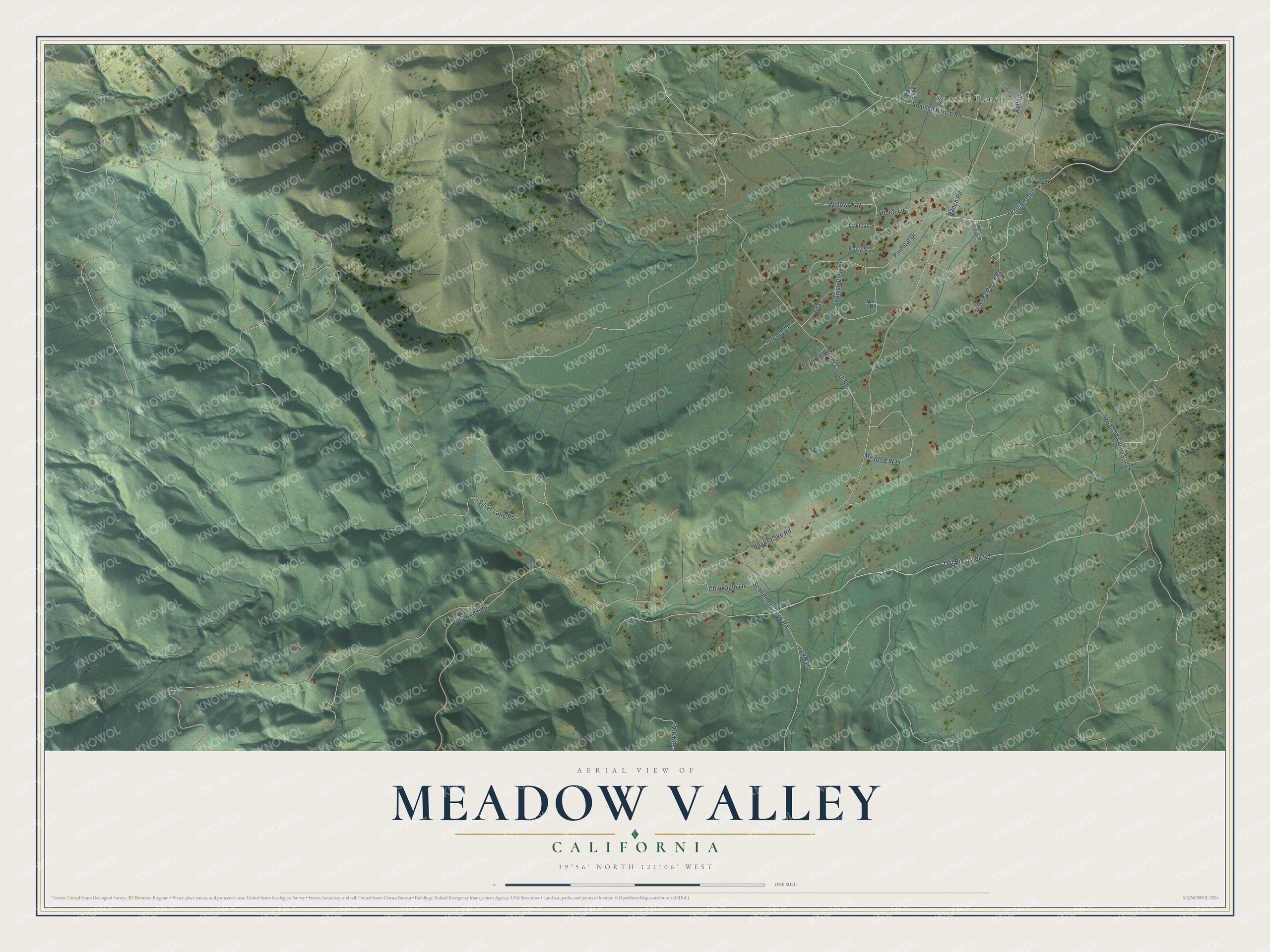 Full map of Meadow Valley, California, with red buildings, printed street names and the land around them
