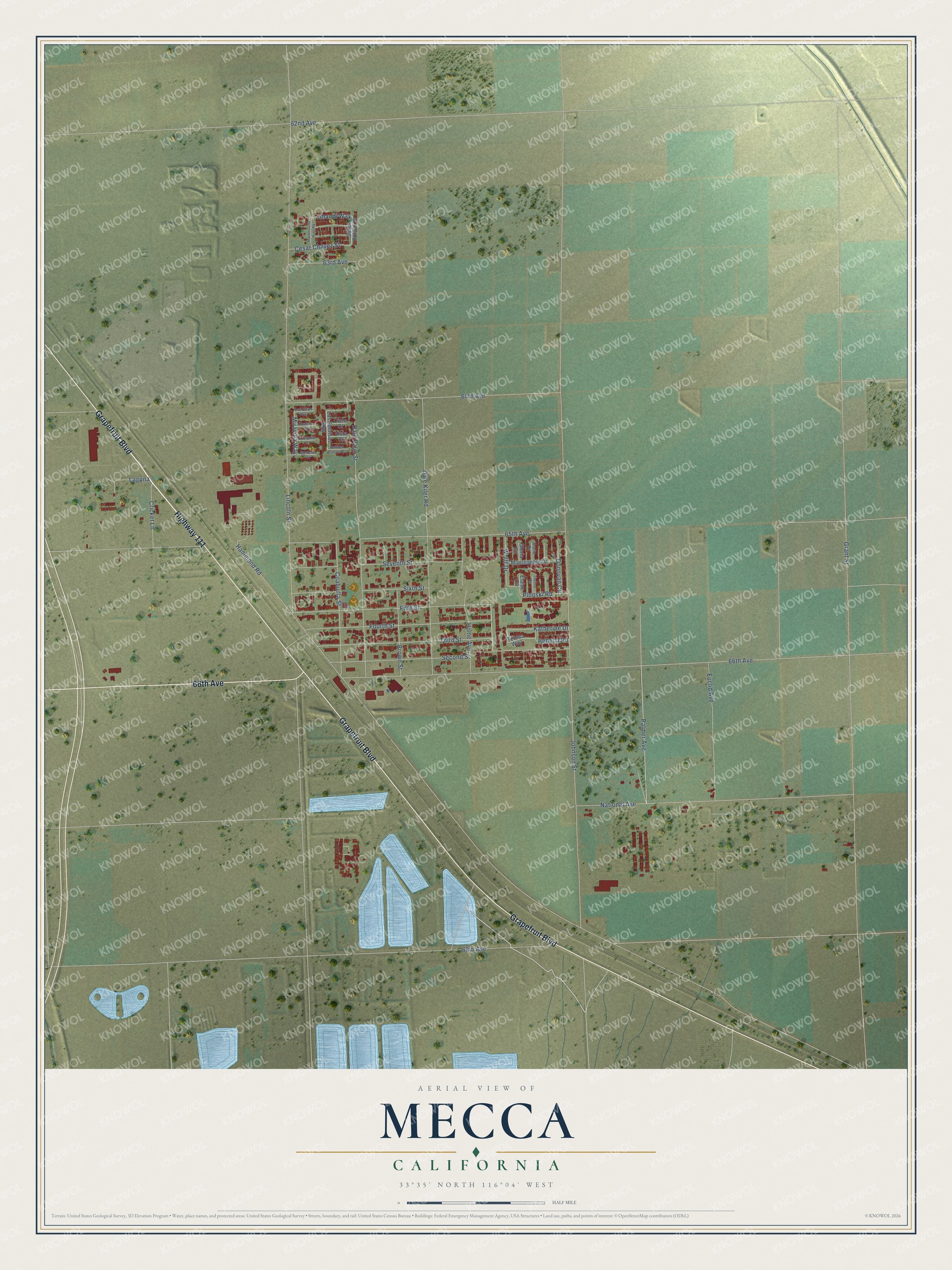 Full map of Mecca, California, with red buildings, printed street names and the land around them