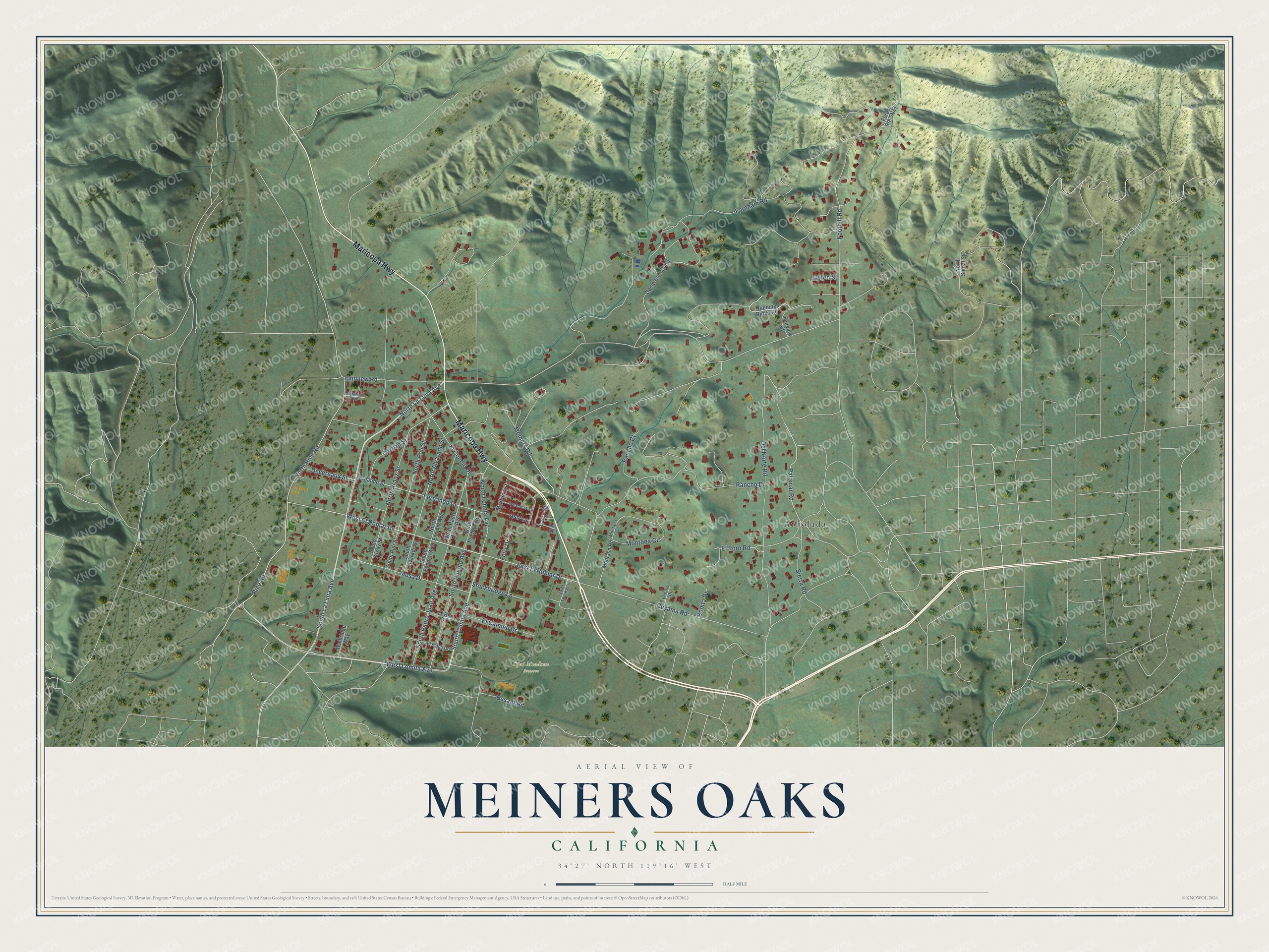 Full map of Meiners Oaks, California, with red buildings, printed street names and the land around them