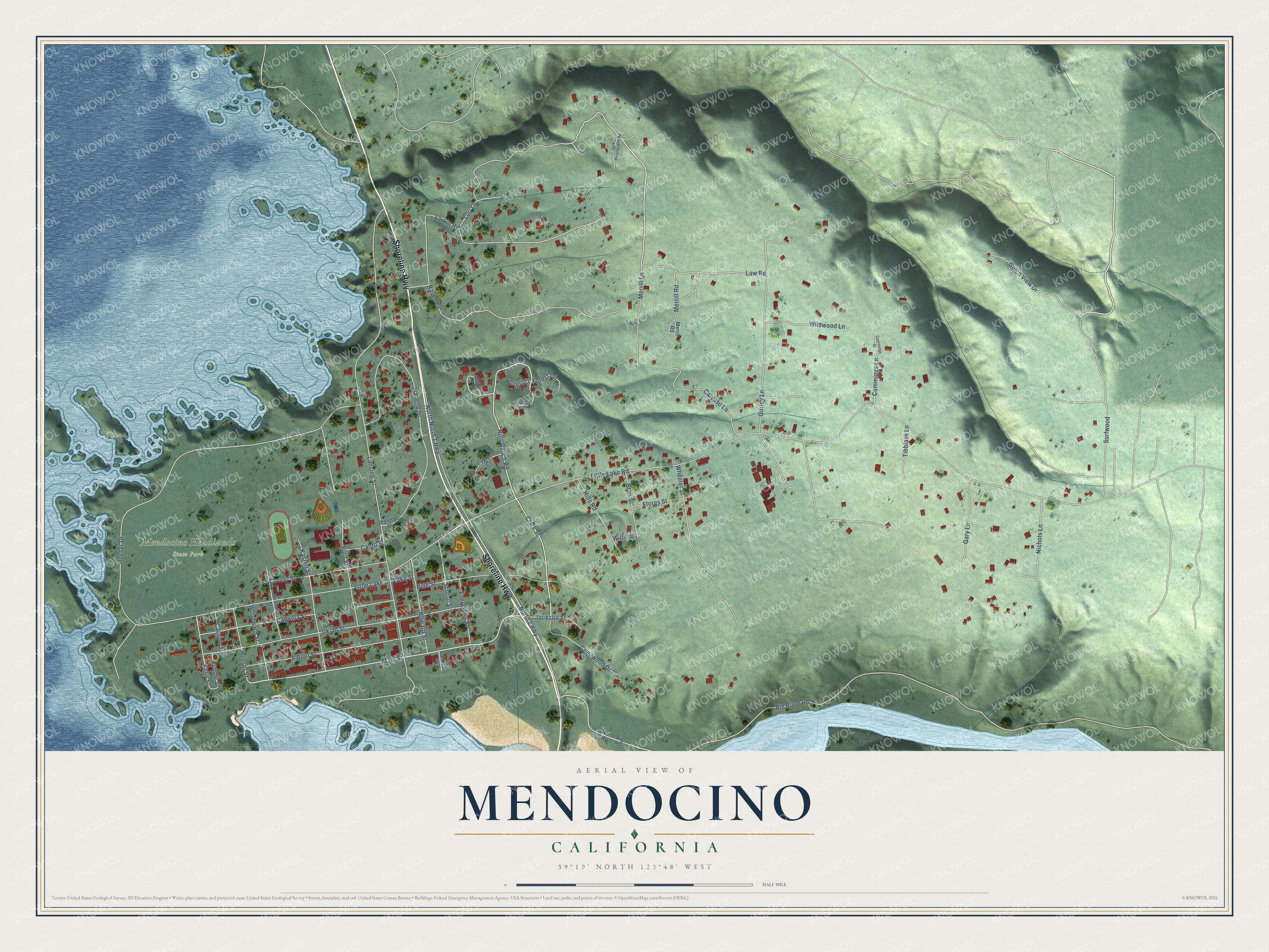 Full map of Mendocino, California, with red buildings, printed street names and the land around them