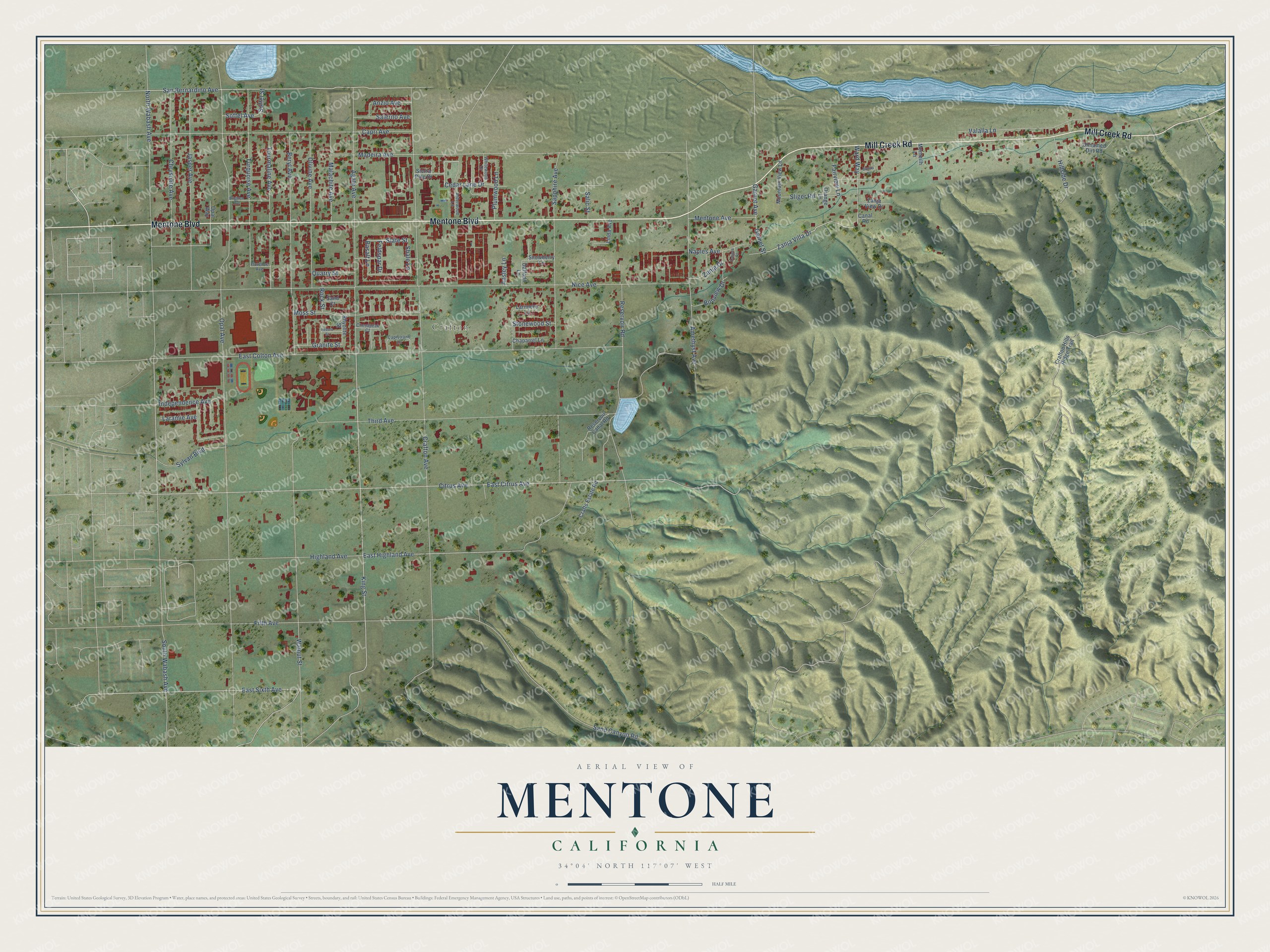 Full map of Mentone, California, with red buildings, printed street names and the land around them