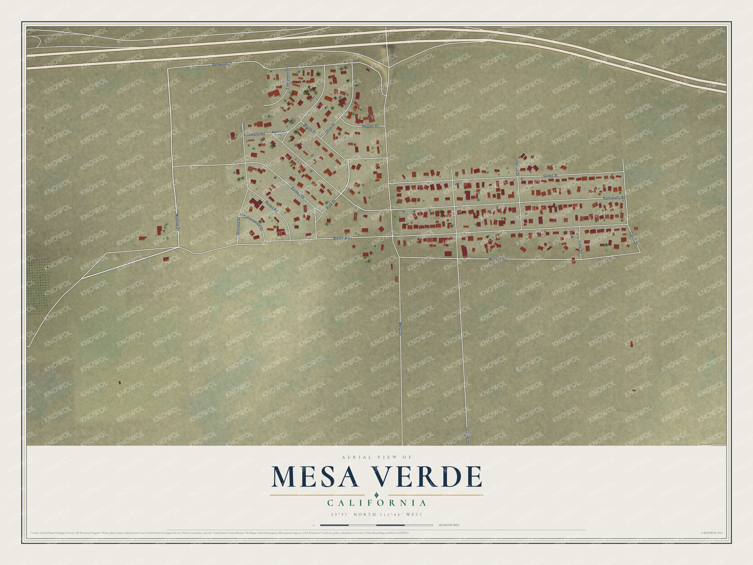 Full map of Mesa Verde, California, with red buildings, printed street names and the land around them