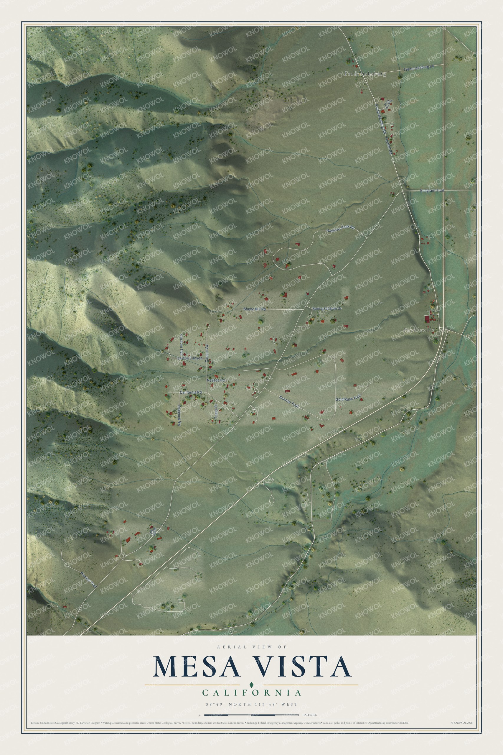 Full map of Mesa Vista, California, with red buildings, printed street names and the land around them
