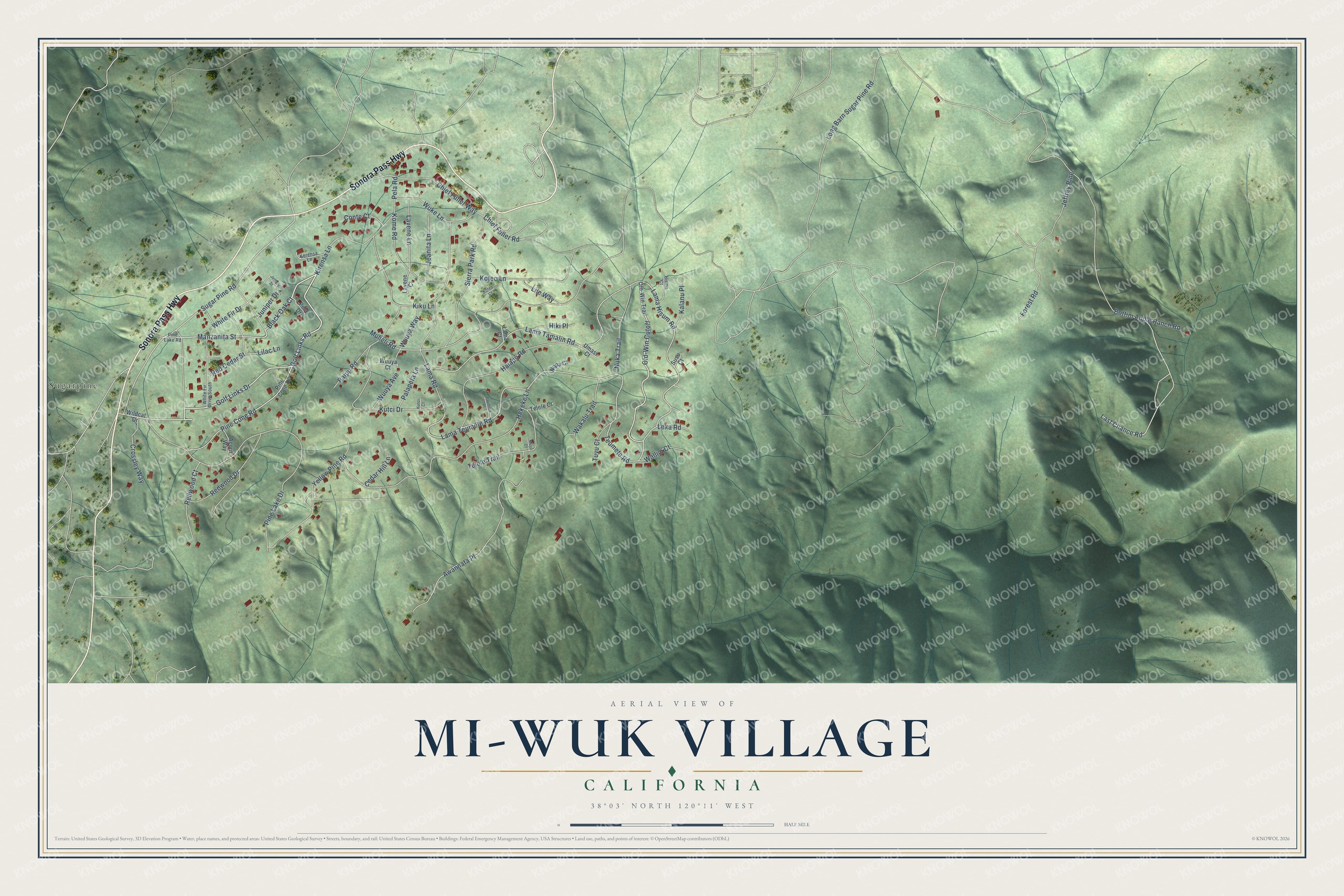 Full map of Mi-Wuk Village, California, with red buildings, printed street names and the land around them