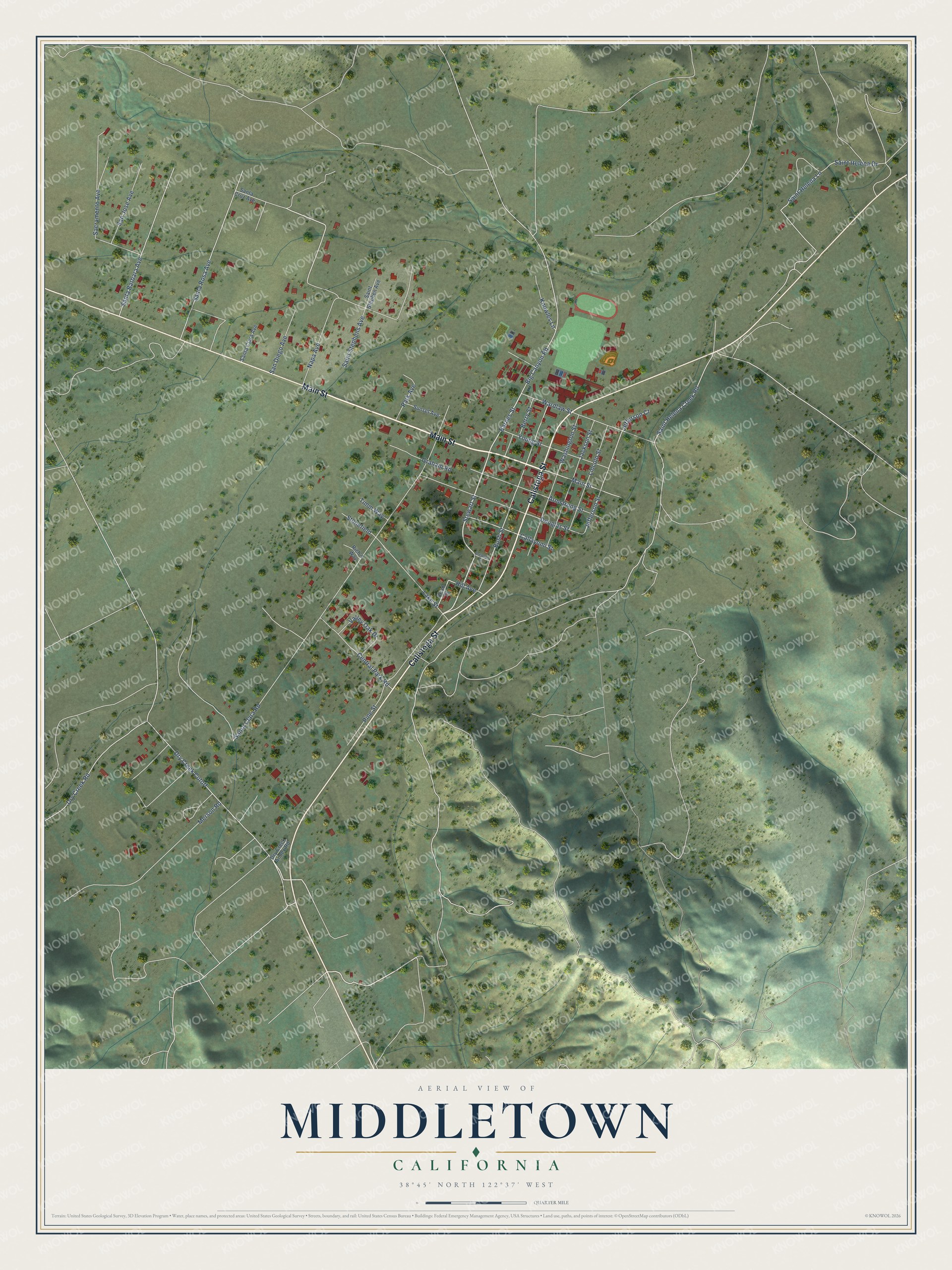 Full map of Middletown, California, with red buildings, printed street names and the land around them