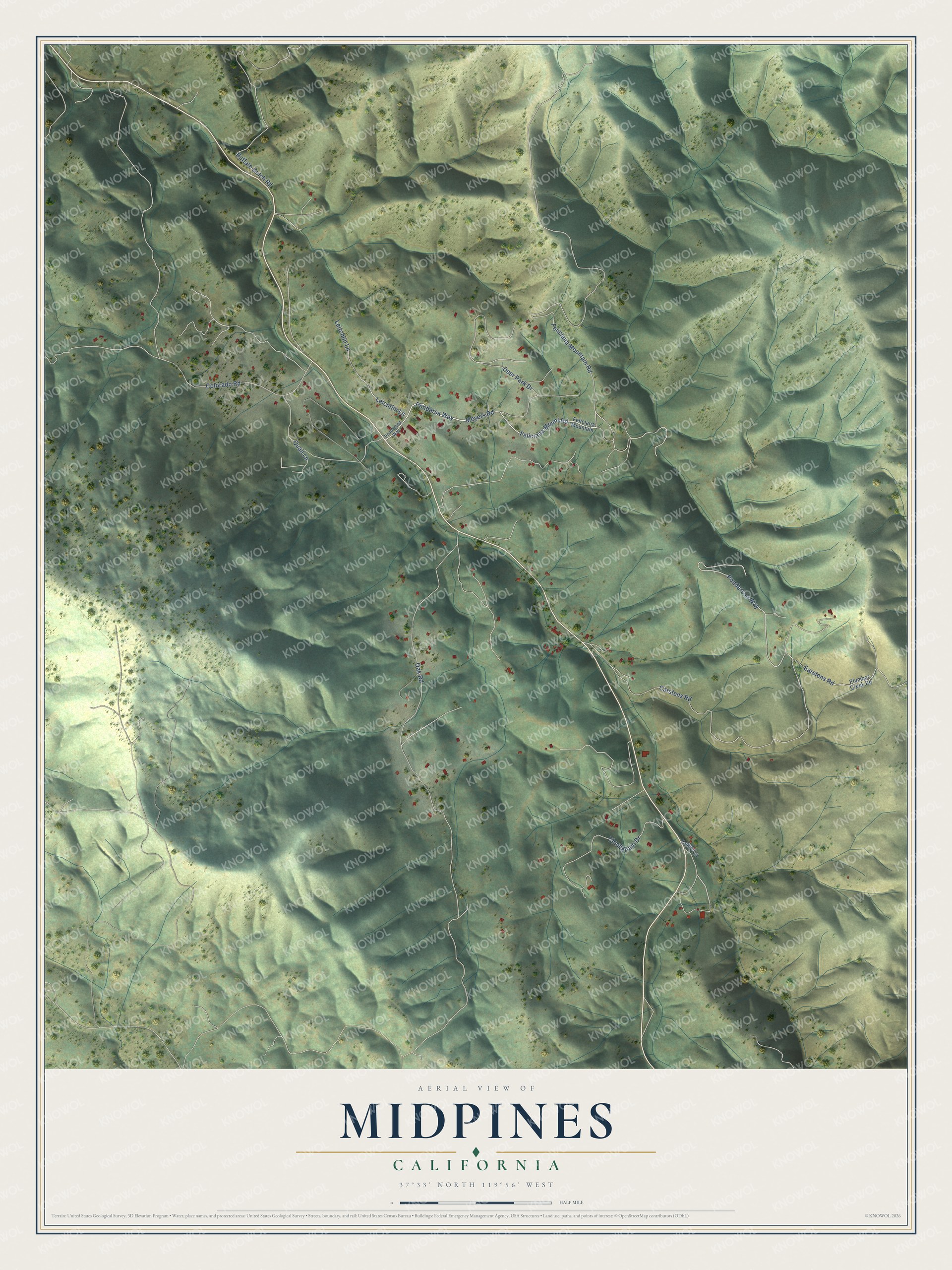 Full map of Midpines, California, with red buildings, printed street names and the land around them