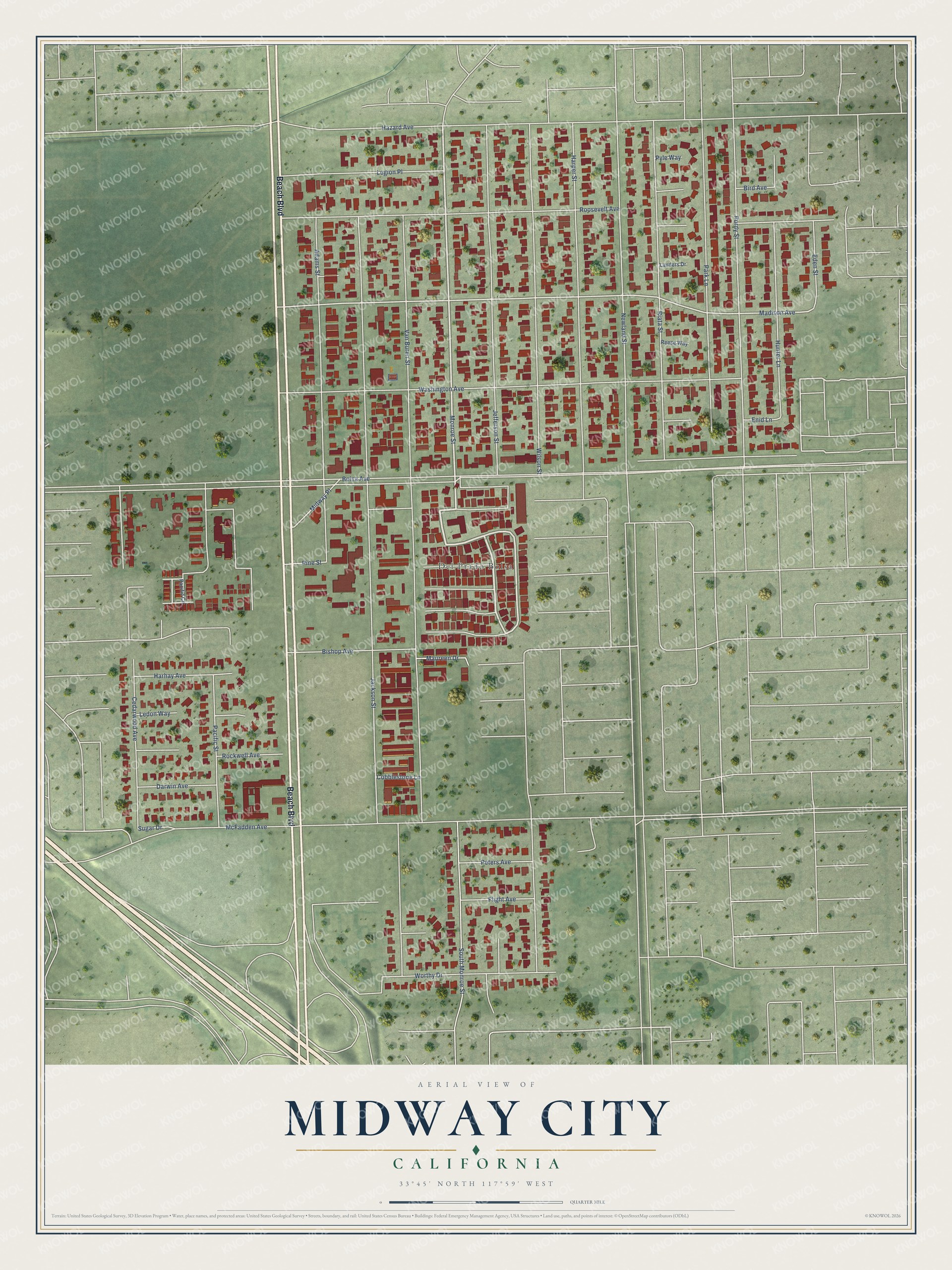 Full map of Midway City, California, with red buildings, printed street names and the land around them