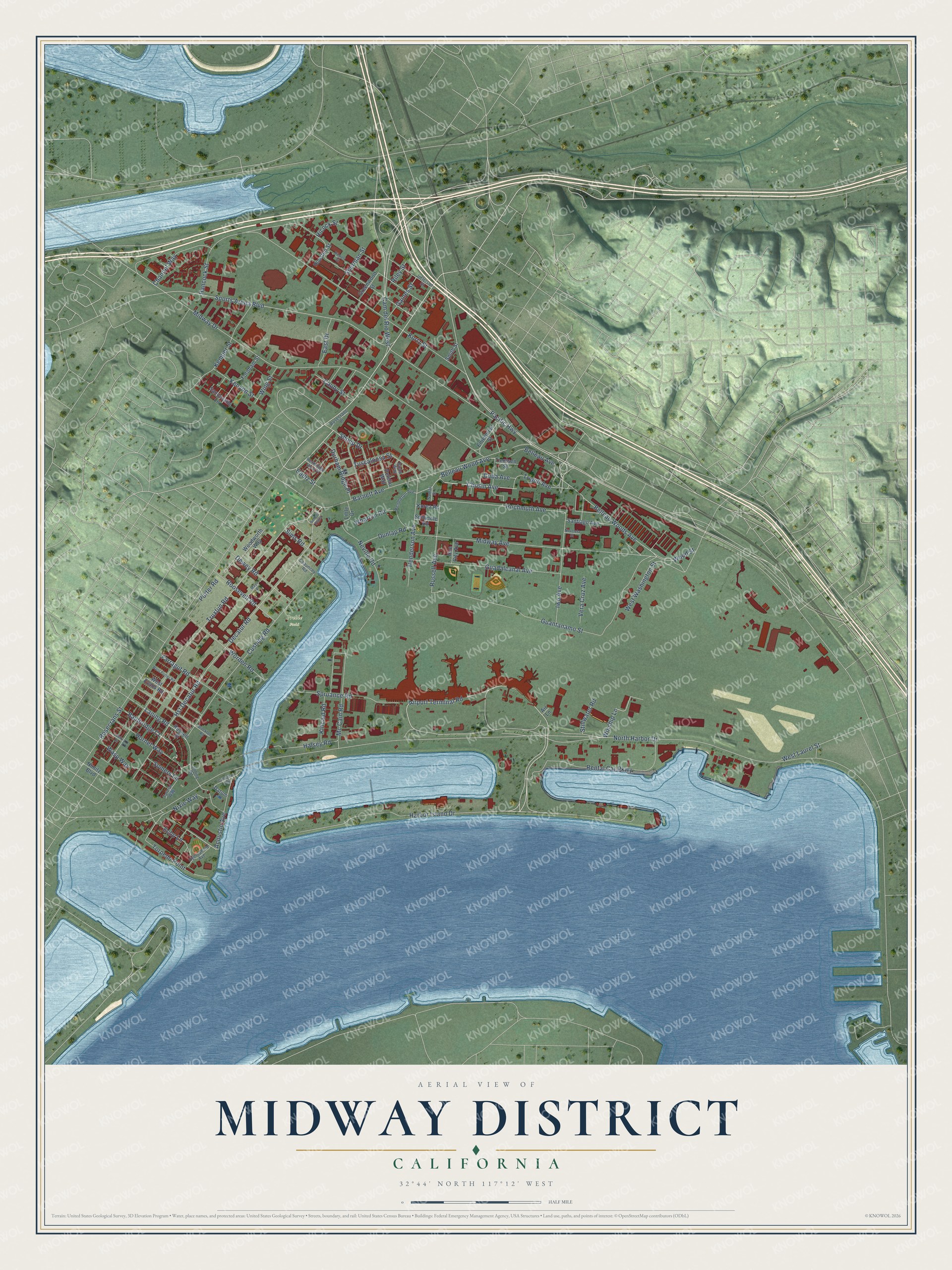 Full map of Midway District, California, with red buildings, printed street names and the land around them