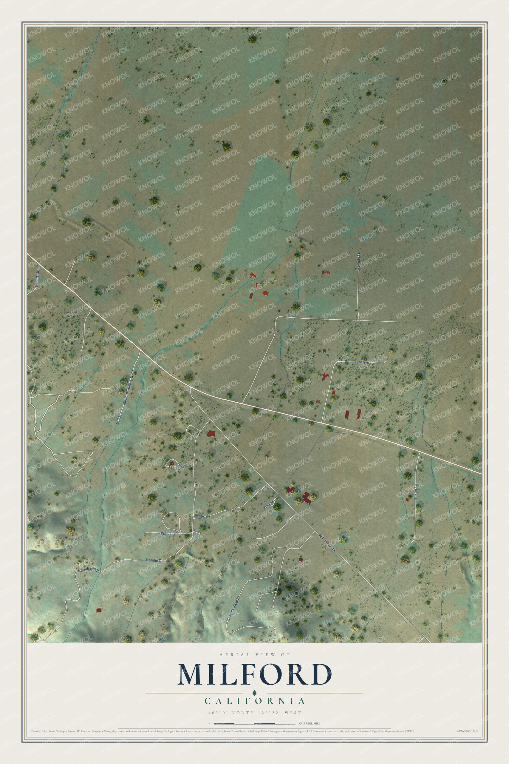 Full map of Milford, California, with red buildings, printed street names and the land around them