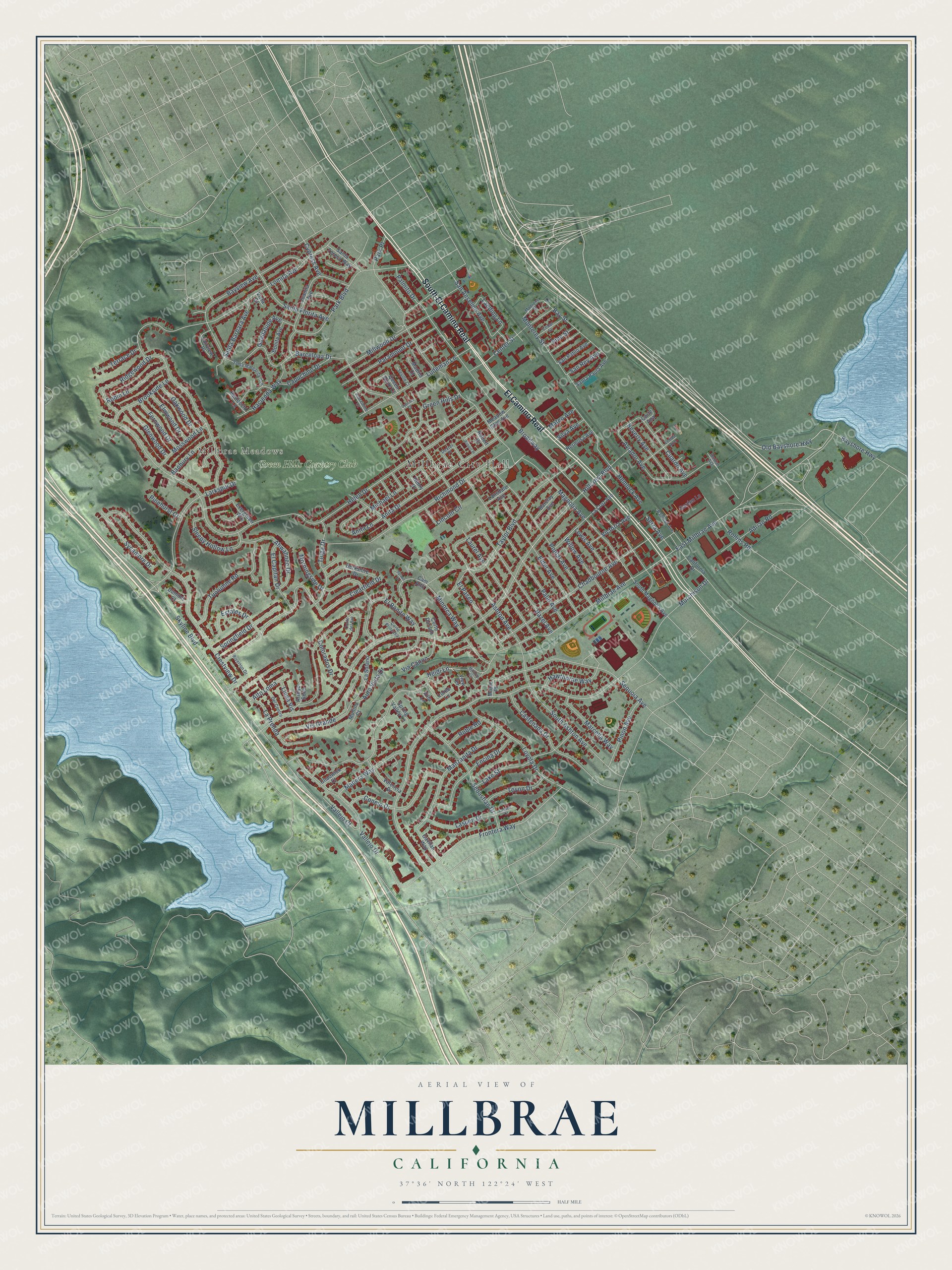 Full map of Millbrae, California, with red buildings, printed street names and the land around them
