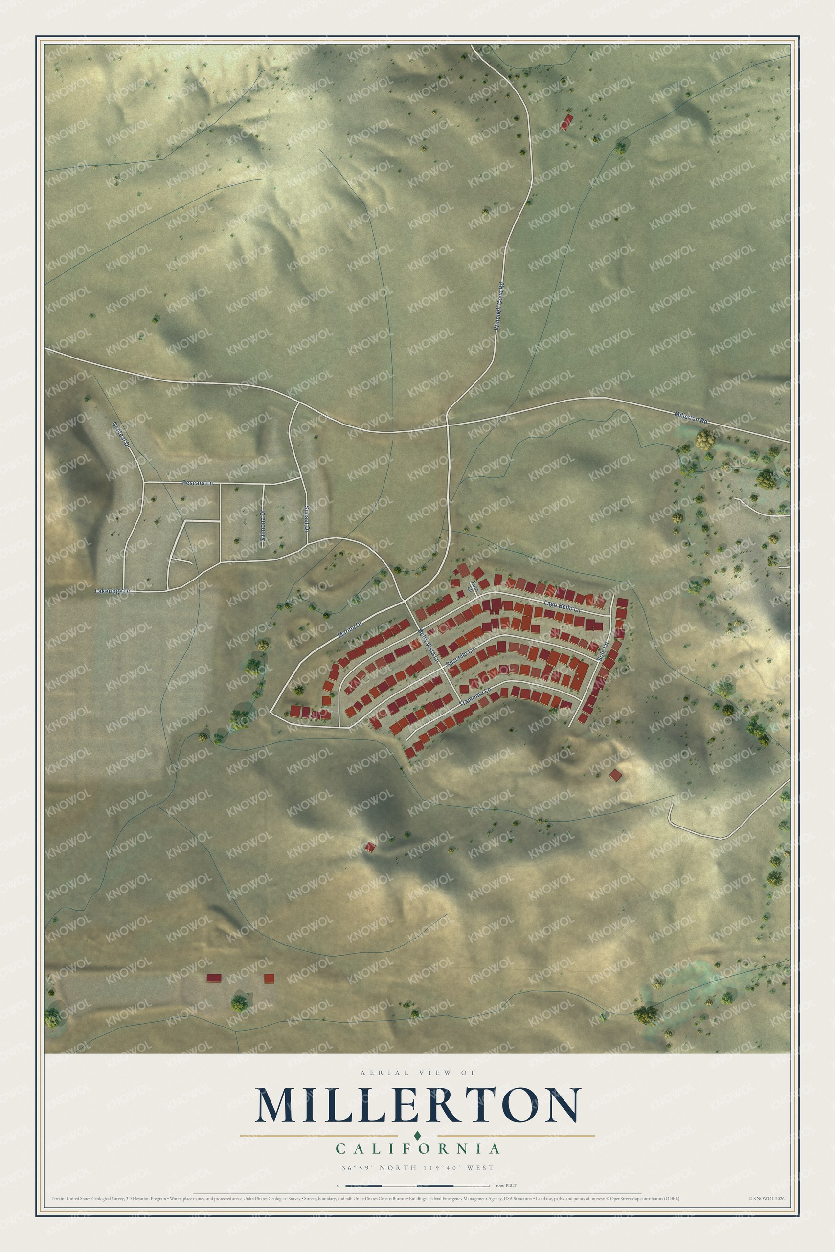 Full map of Millerton, California, with red buildings, printed street names and the land around them