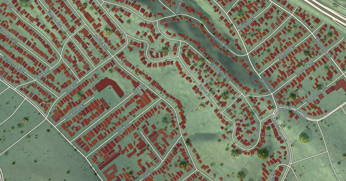 Close-up of streets and buildings in Millsmont, California