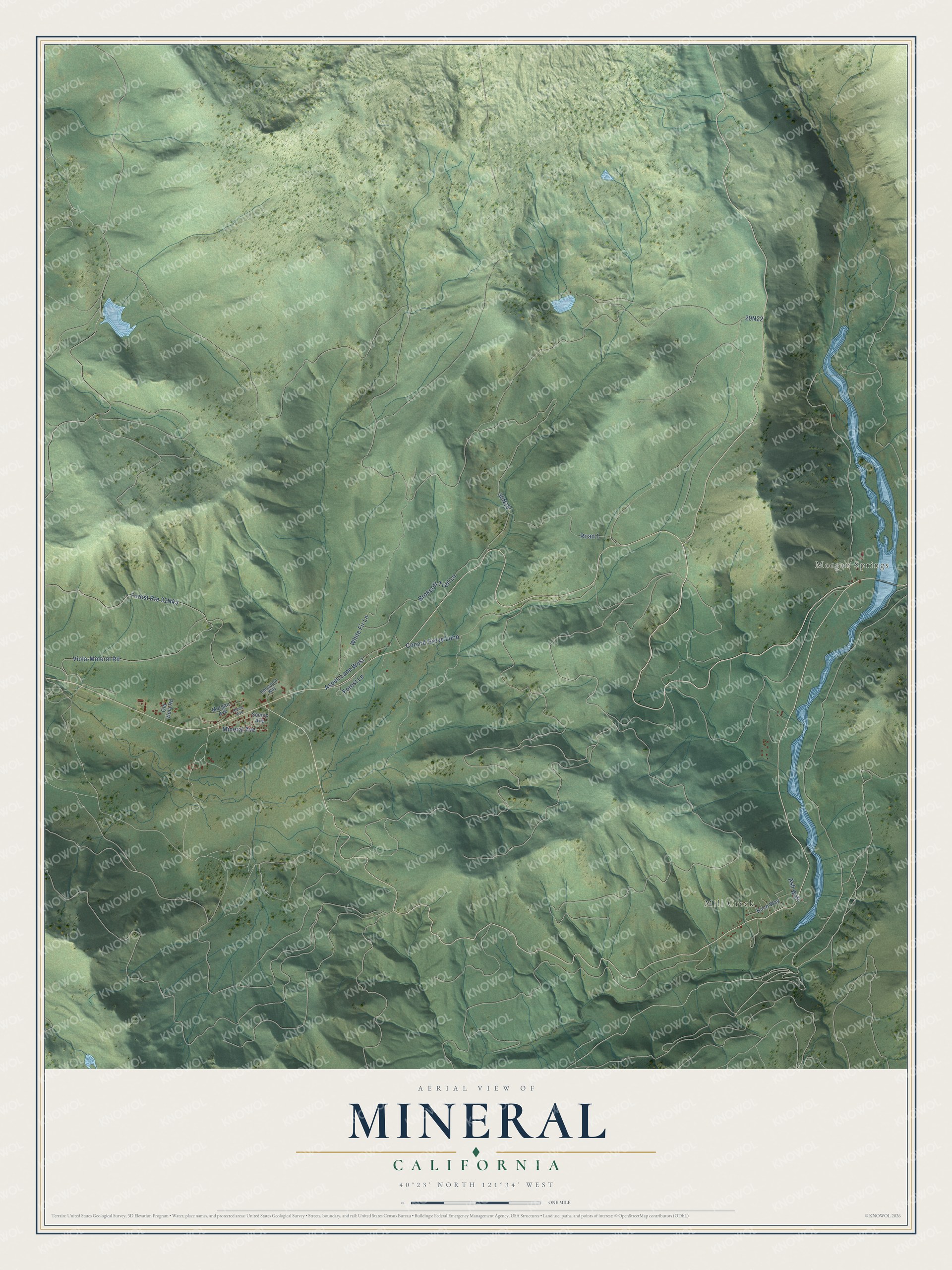 Full map of Mineral, California, with red buildings, printed street names and the land around them