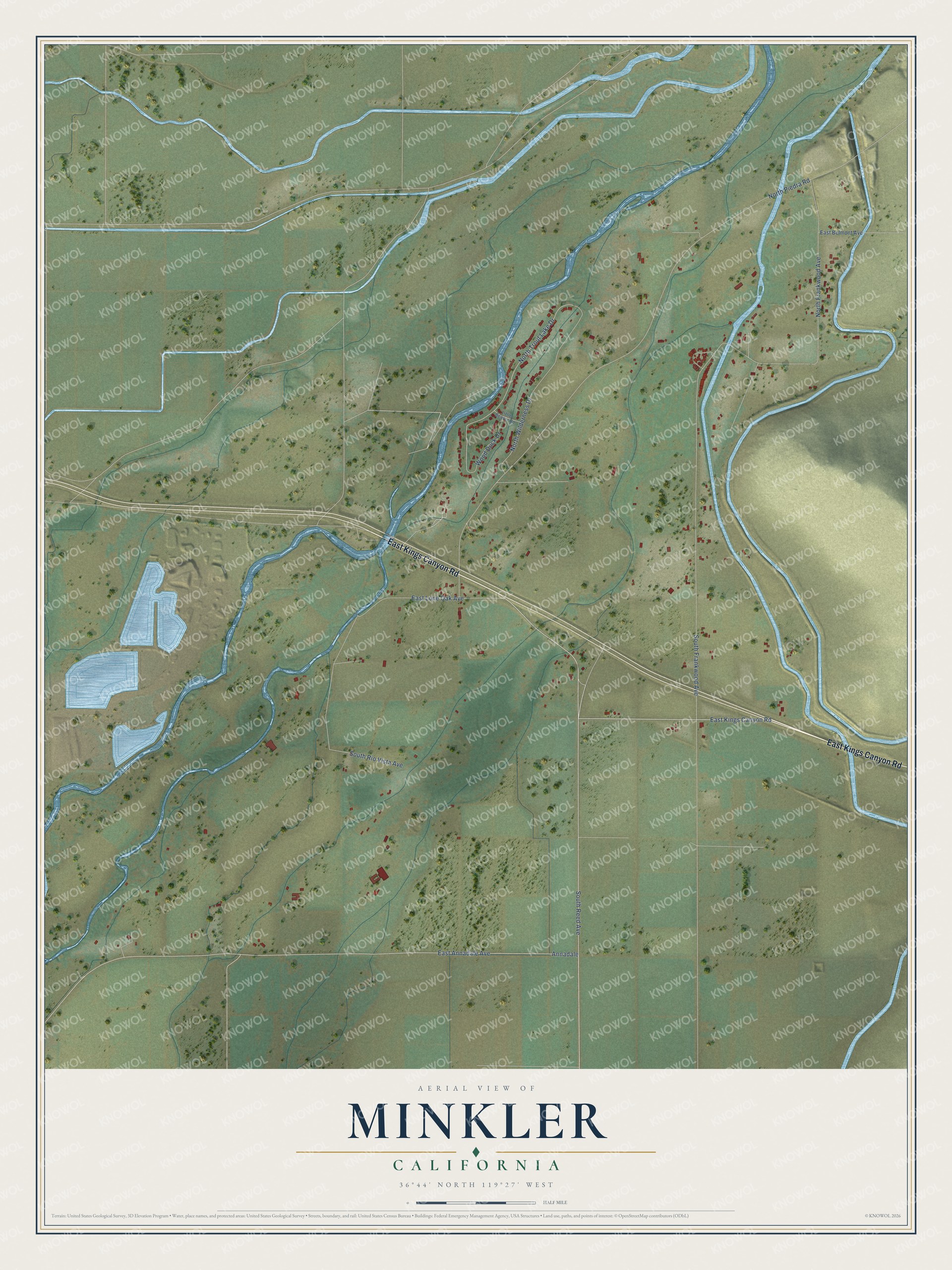 Full map of Minkler, California, with red buildings, printed street names and the land around them