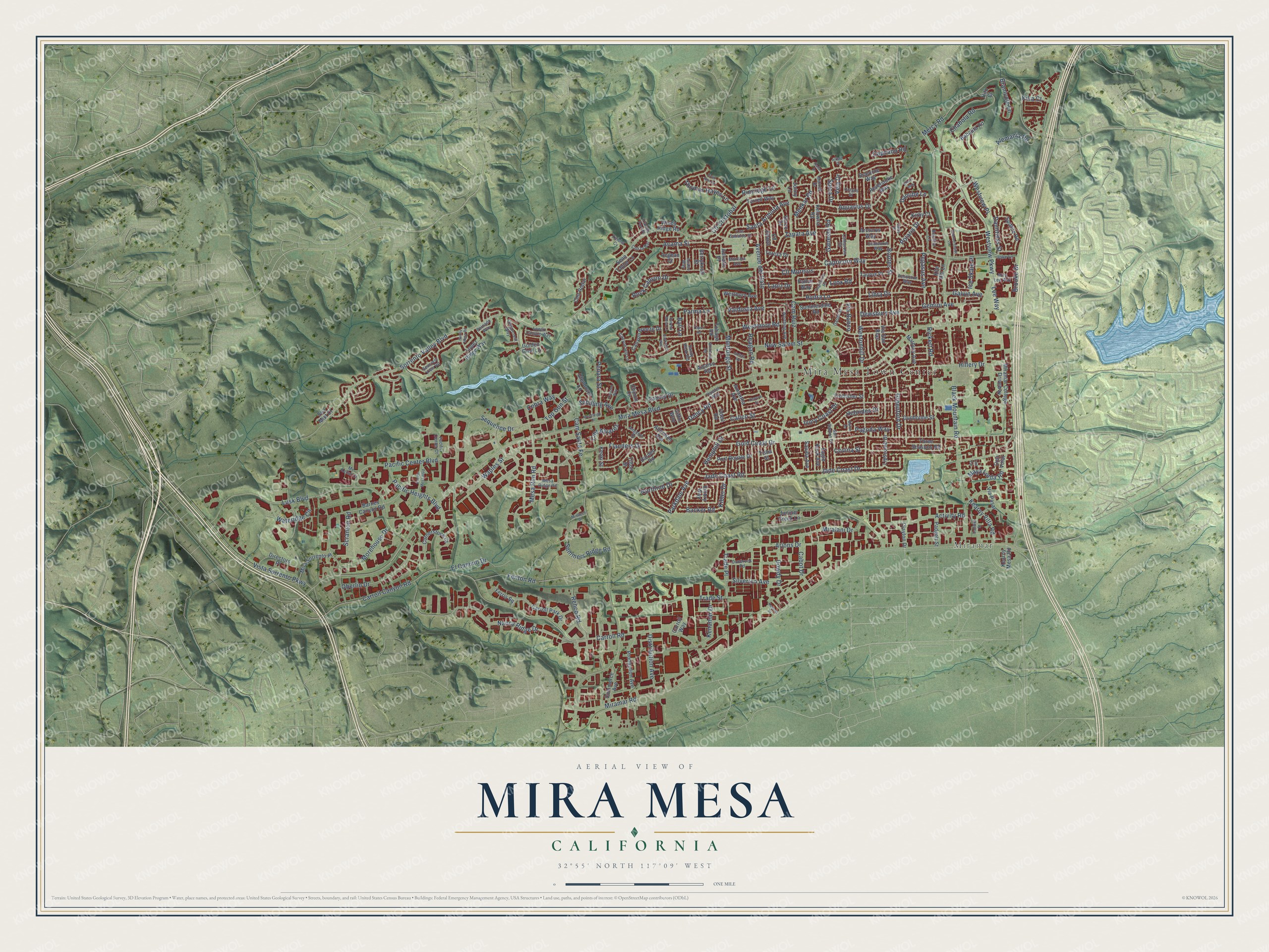 Full map of Mira Mesa, California, with red buildings, printed street names and the land around them