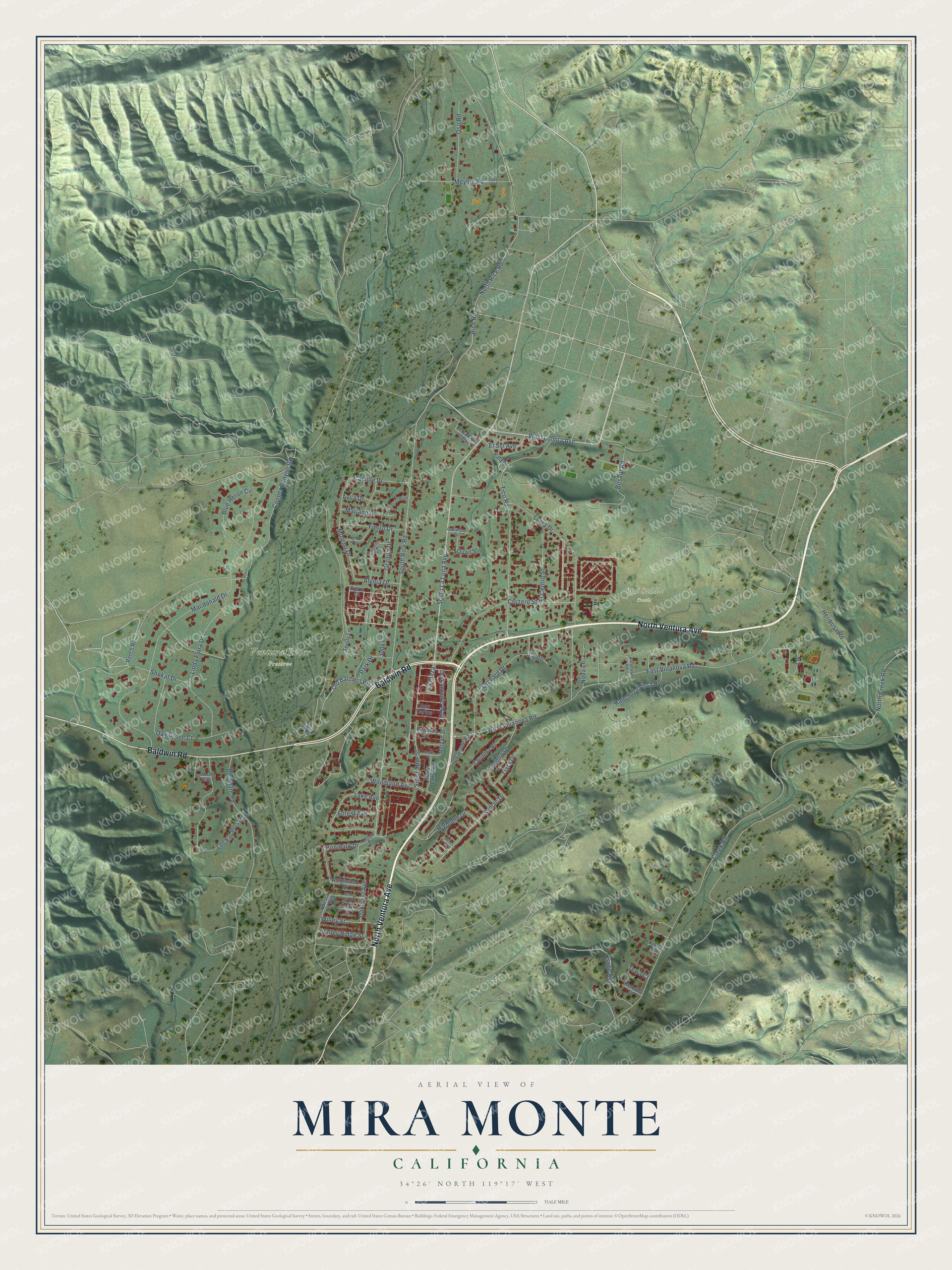 Full map of Mira Monte, California, with red buildings, printed street names and the land around them