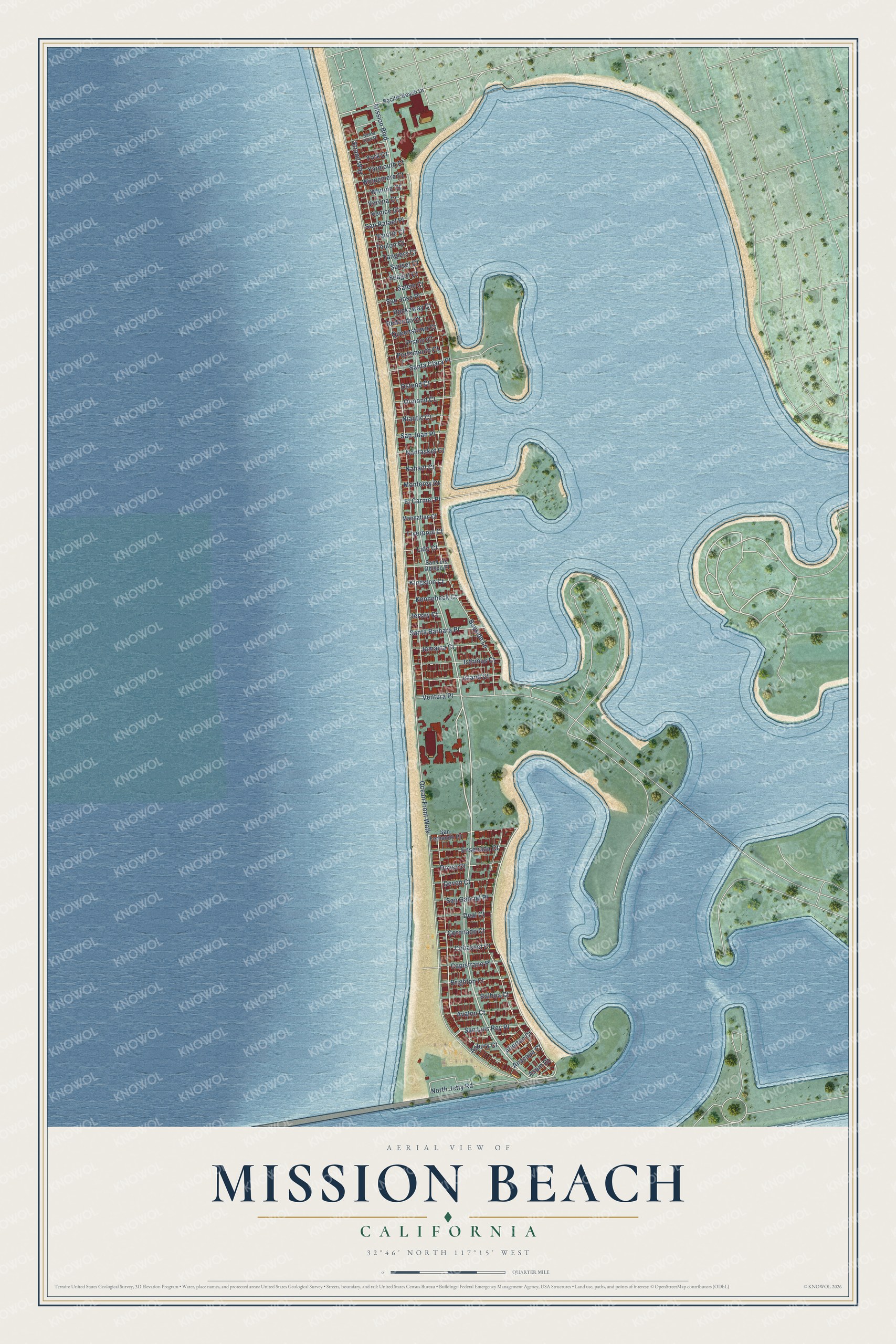 Full map of Mission Beach, California, with red buildings, printed street names and the land around them