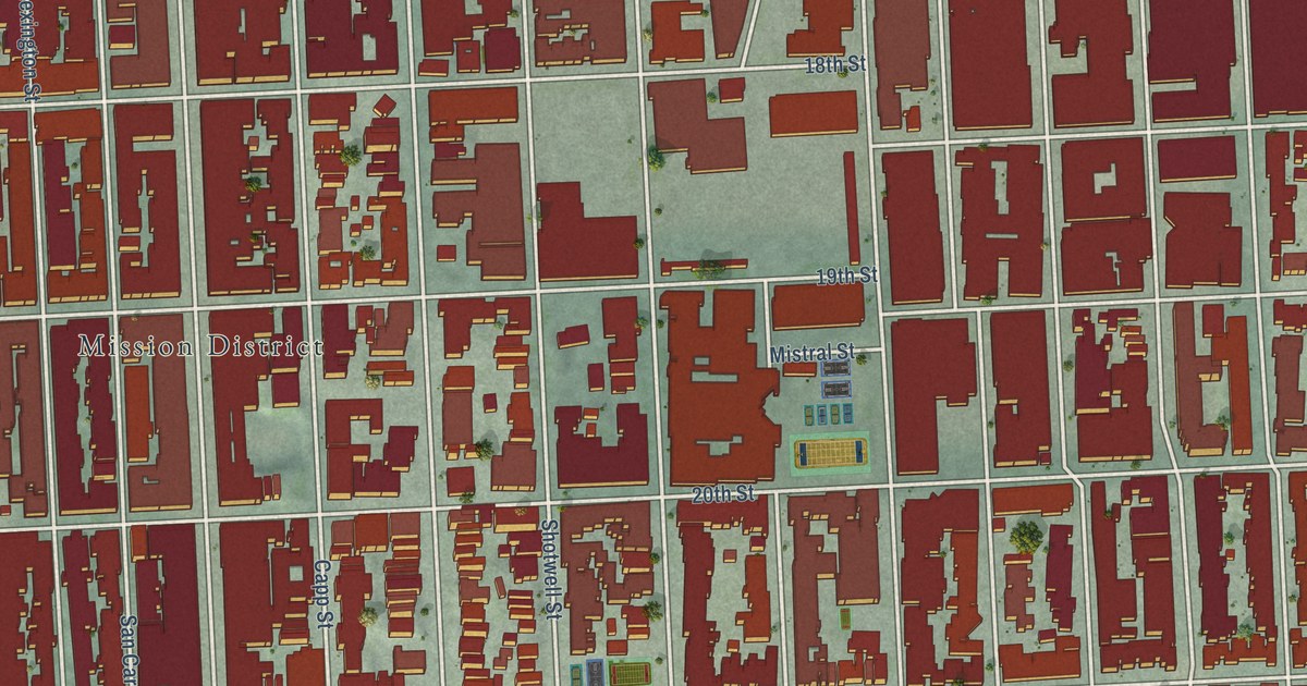 Close-up of streets and buildings in Mission, California