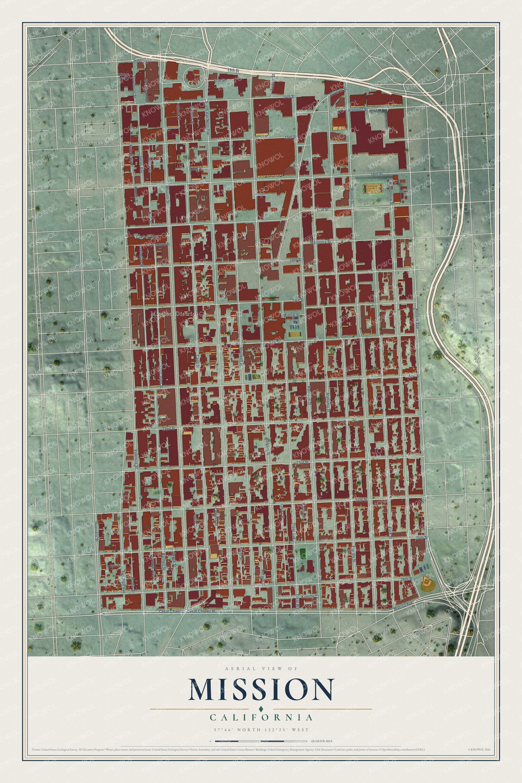 Full map of Mission, California, with red buildings, printed street names and the land around them