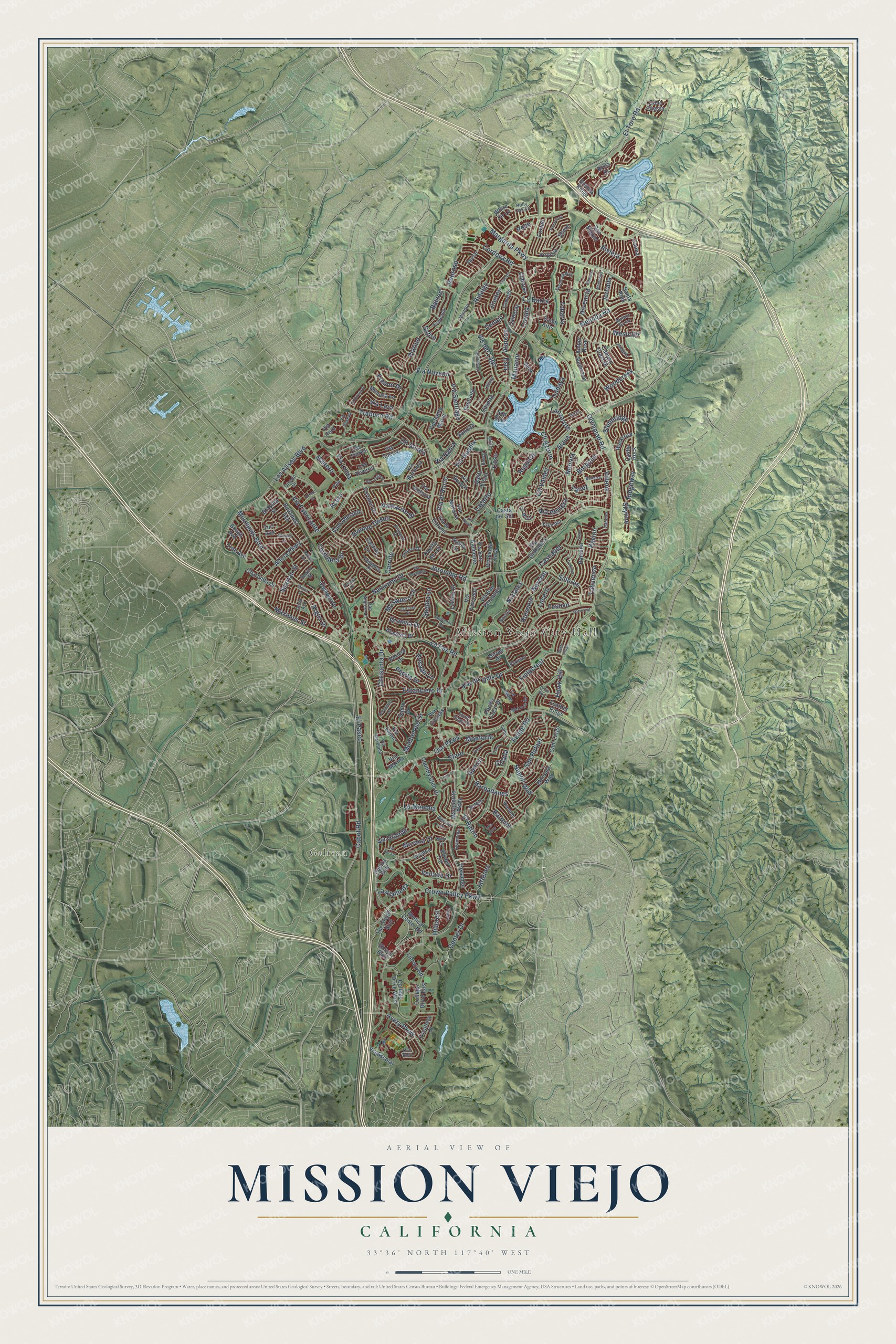 Full map of Mission Viejo, California, with red buildings, printed street names and the land around them
