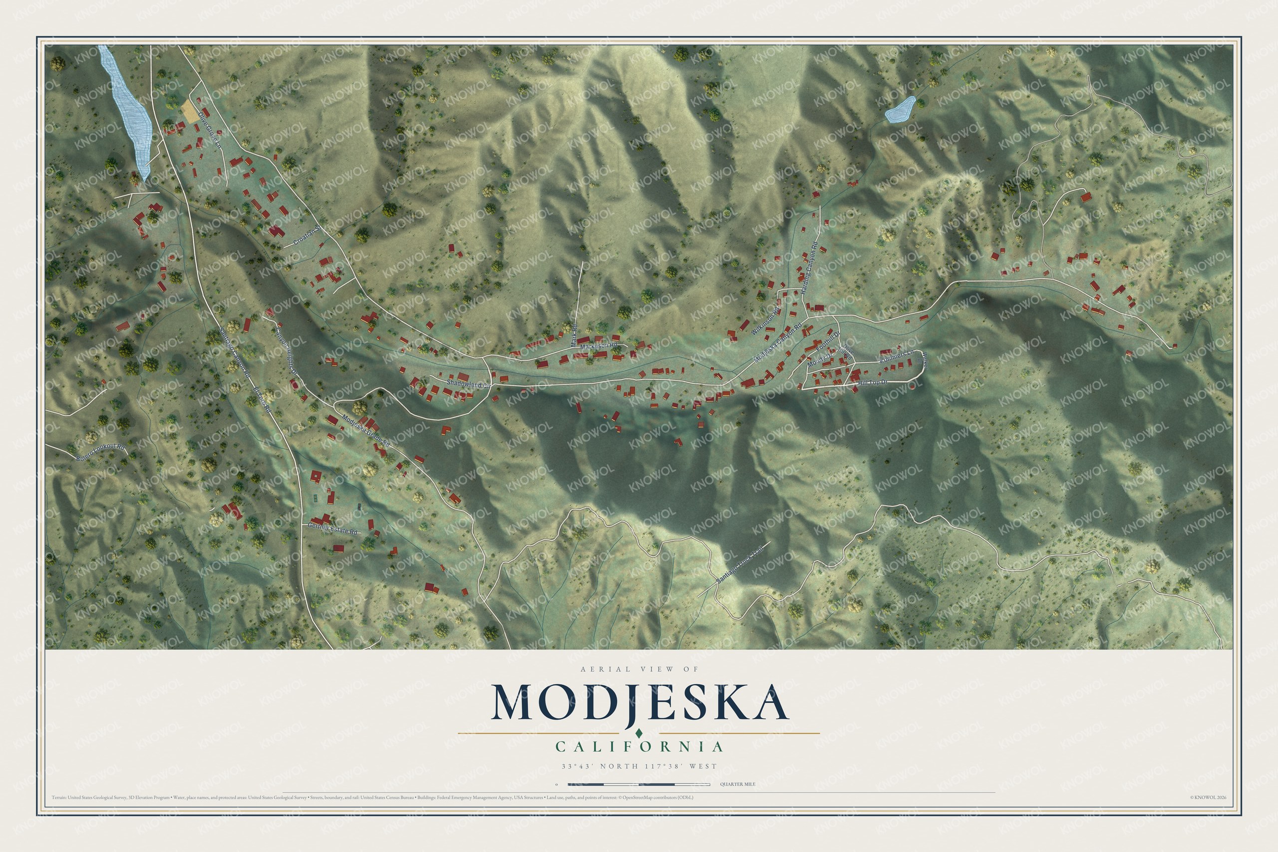 Full map of Modjeska, California, with red buildings, printed street names and the land around them