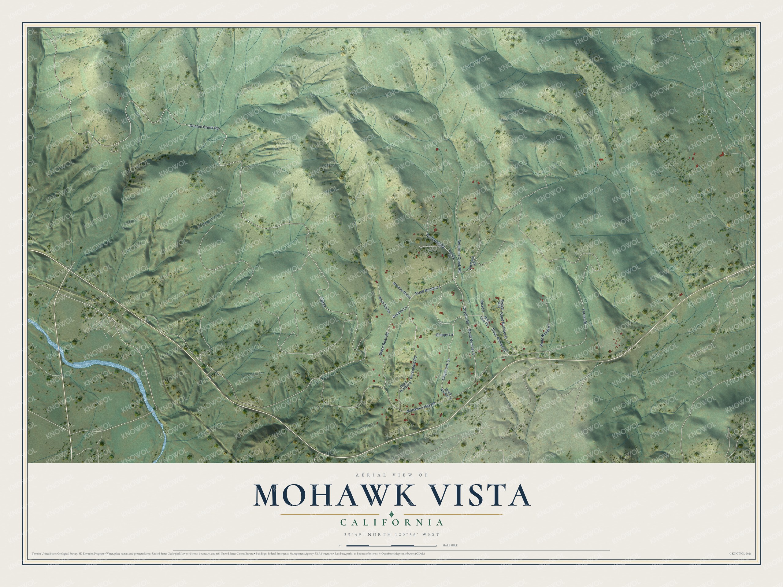 Full map of Mohawk Vista, California, with red buildings, printed street names and the land around them