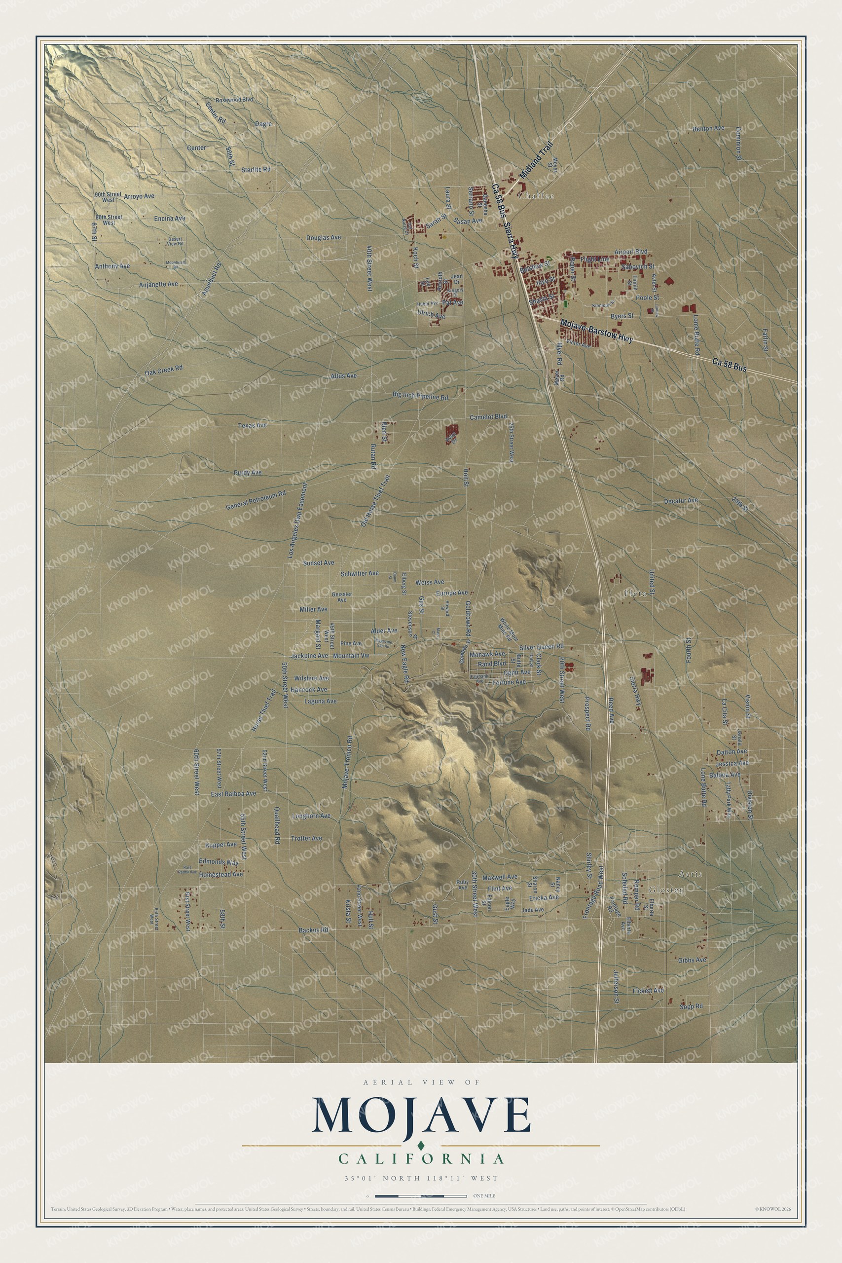 Full map of Mojave, California, with red buildings, printed street names and the land around them