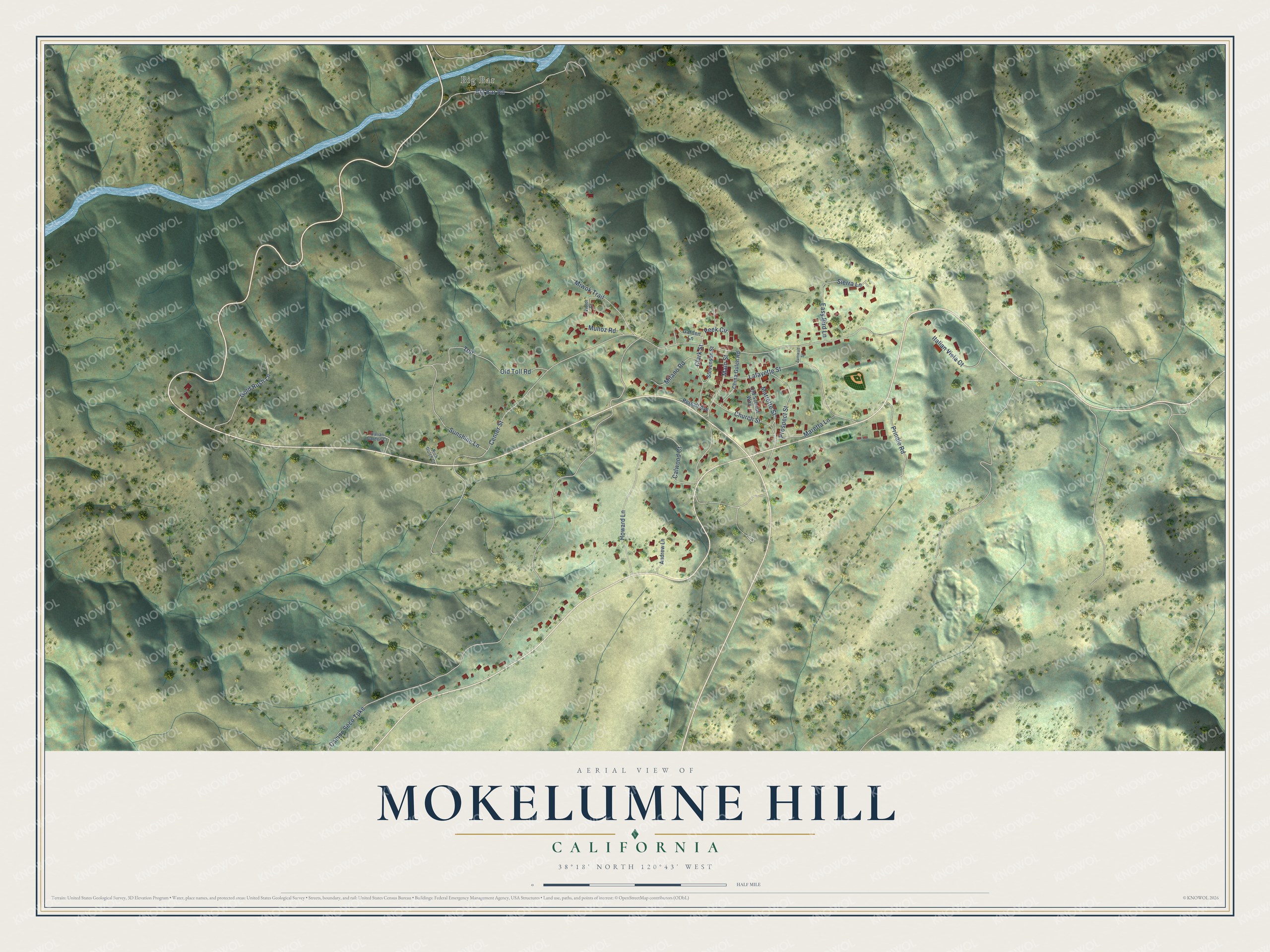 Full map of Mokelumne Hill, California, with red buildings, printed street names and the land around them