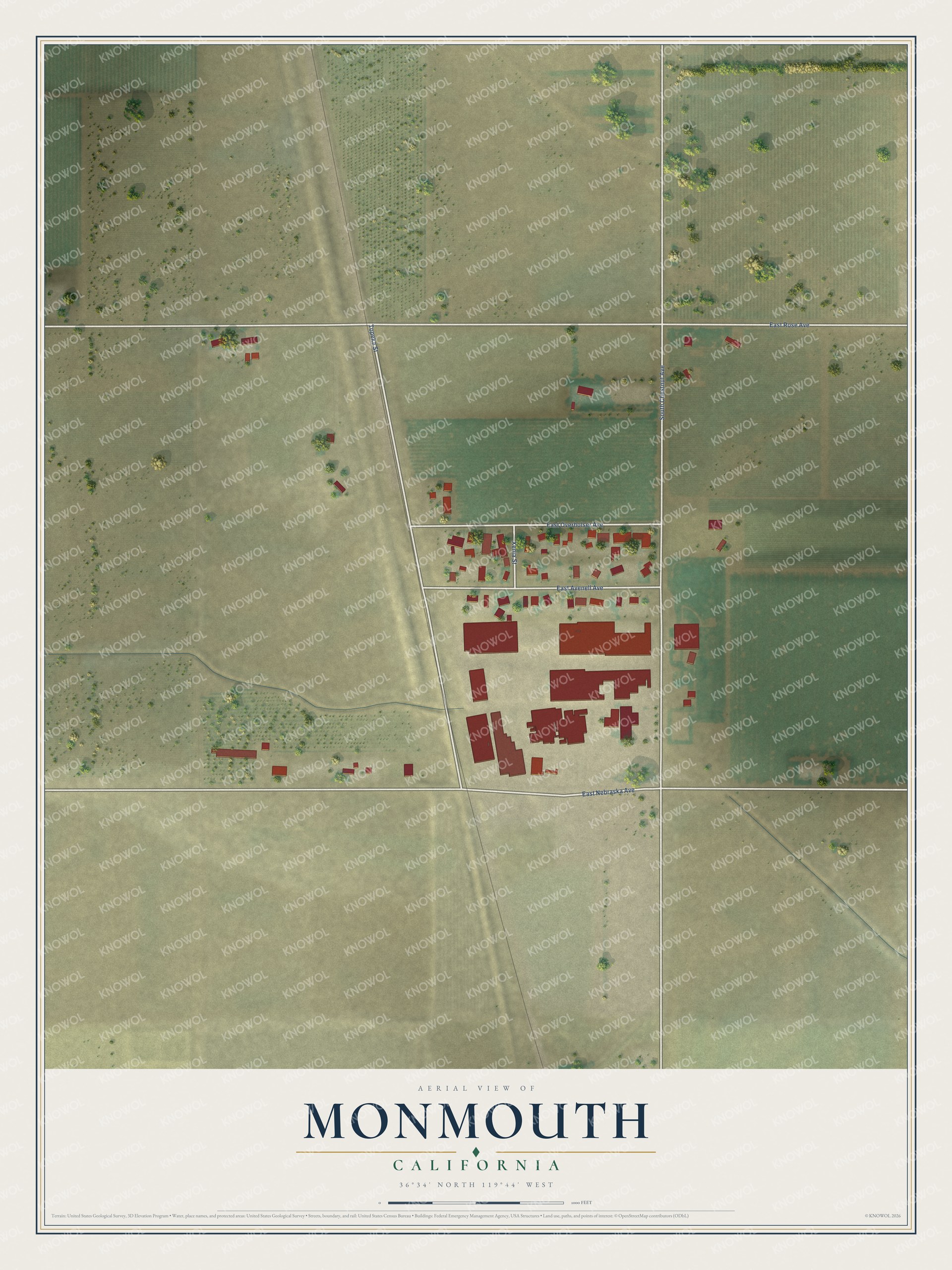 Full map of Monmouth, California, with red buildings, printed street names and the land around them