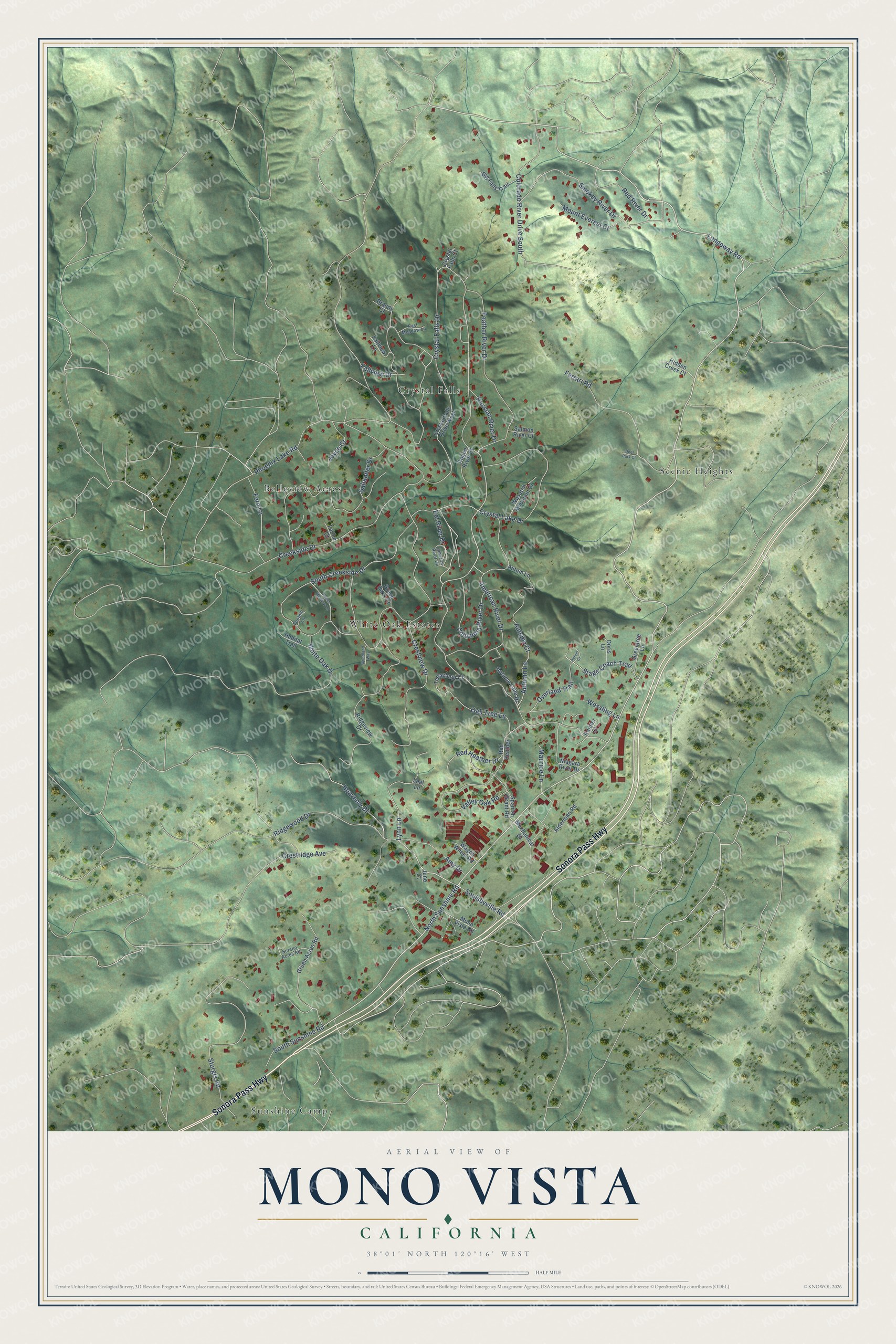 Full map of Mono Vista, California, with red buildings, printed street names and the land around them